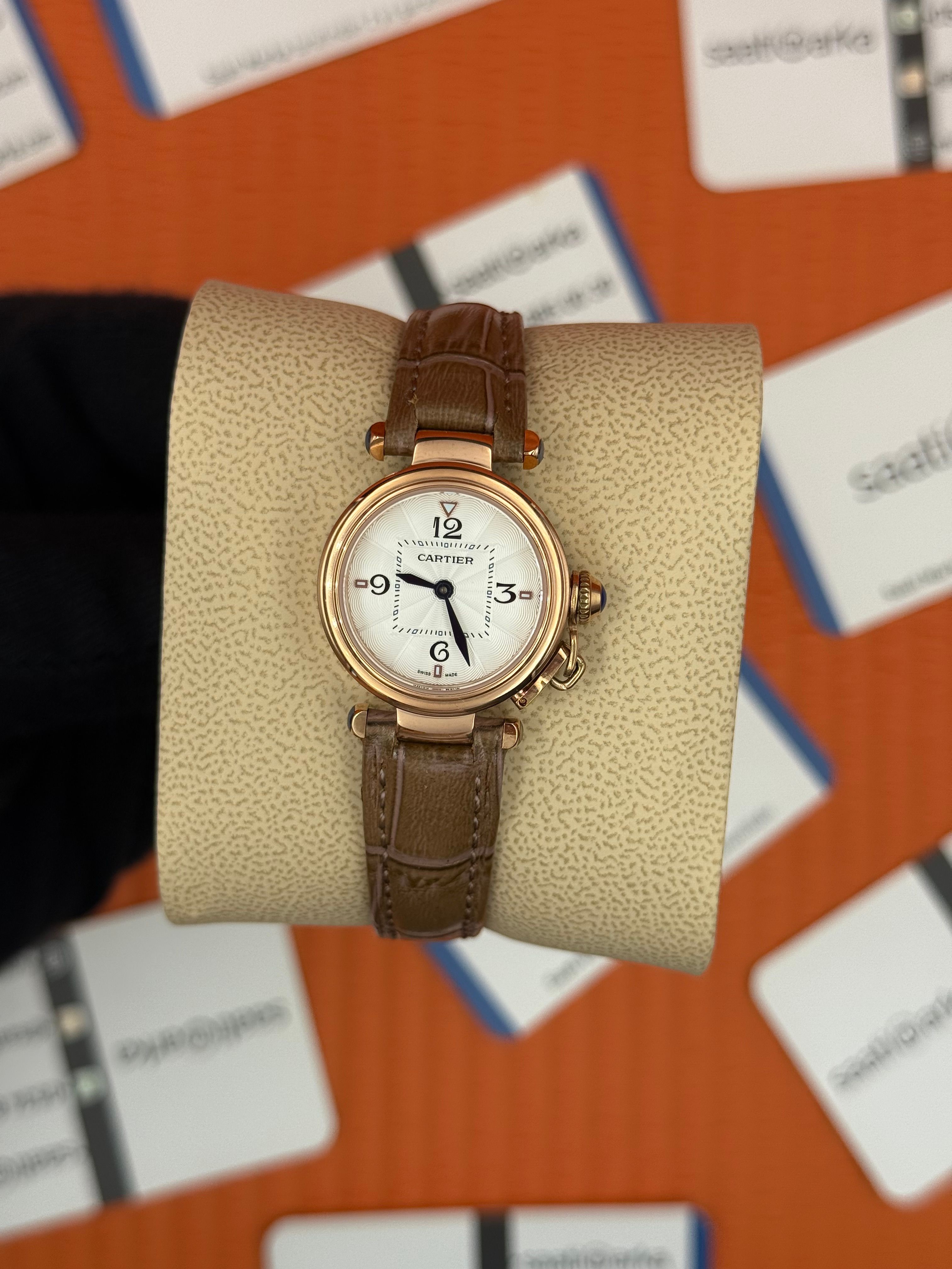 CARTIER Pasha 27mm kadın kol saati rose kasa kahverengi deri kordon