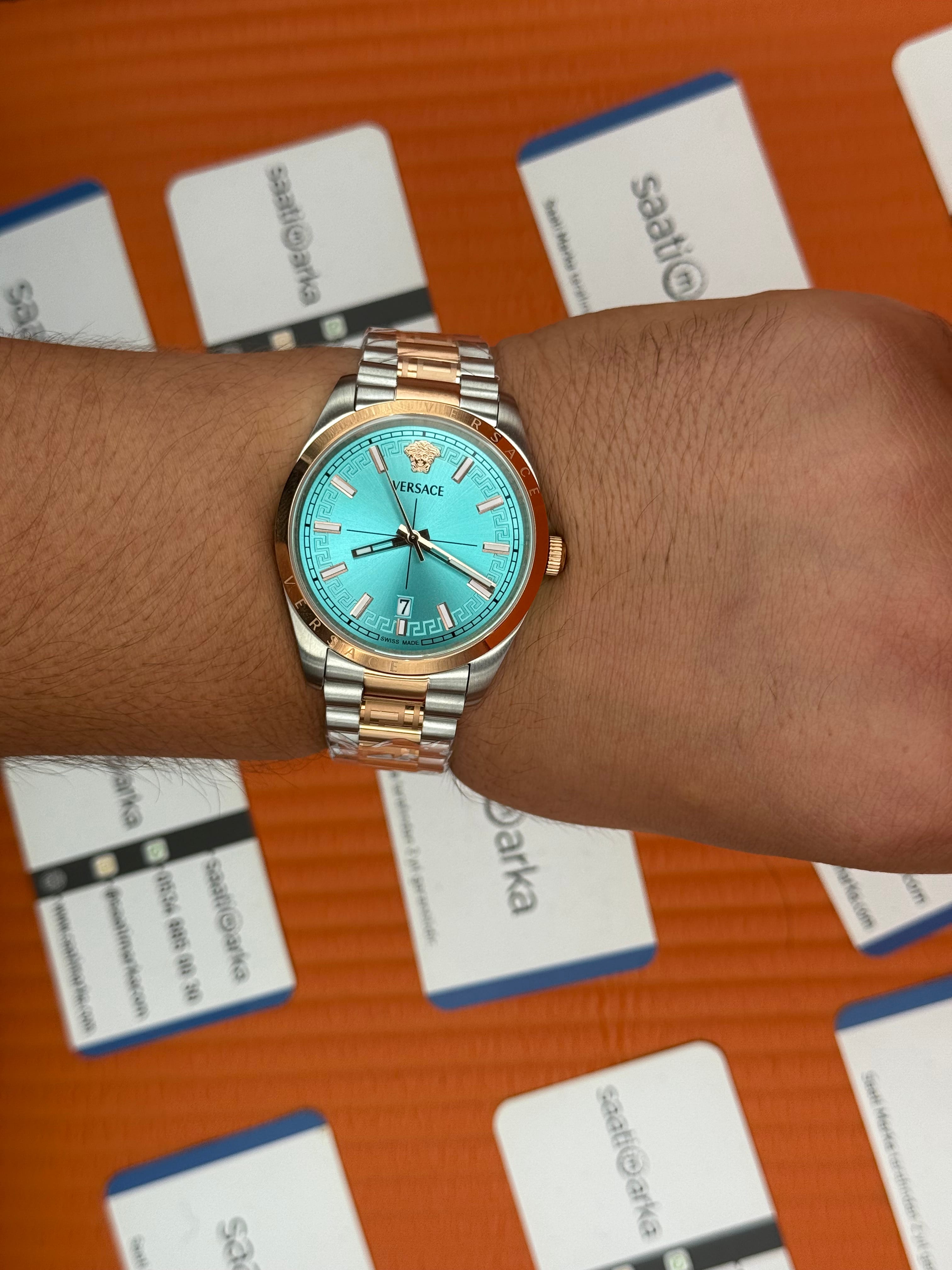 VERSACE 40mm turkuaz kadran rose silver kasa kordon erkek kol saati