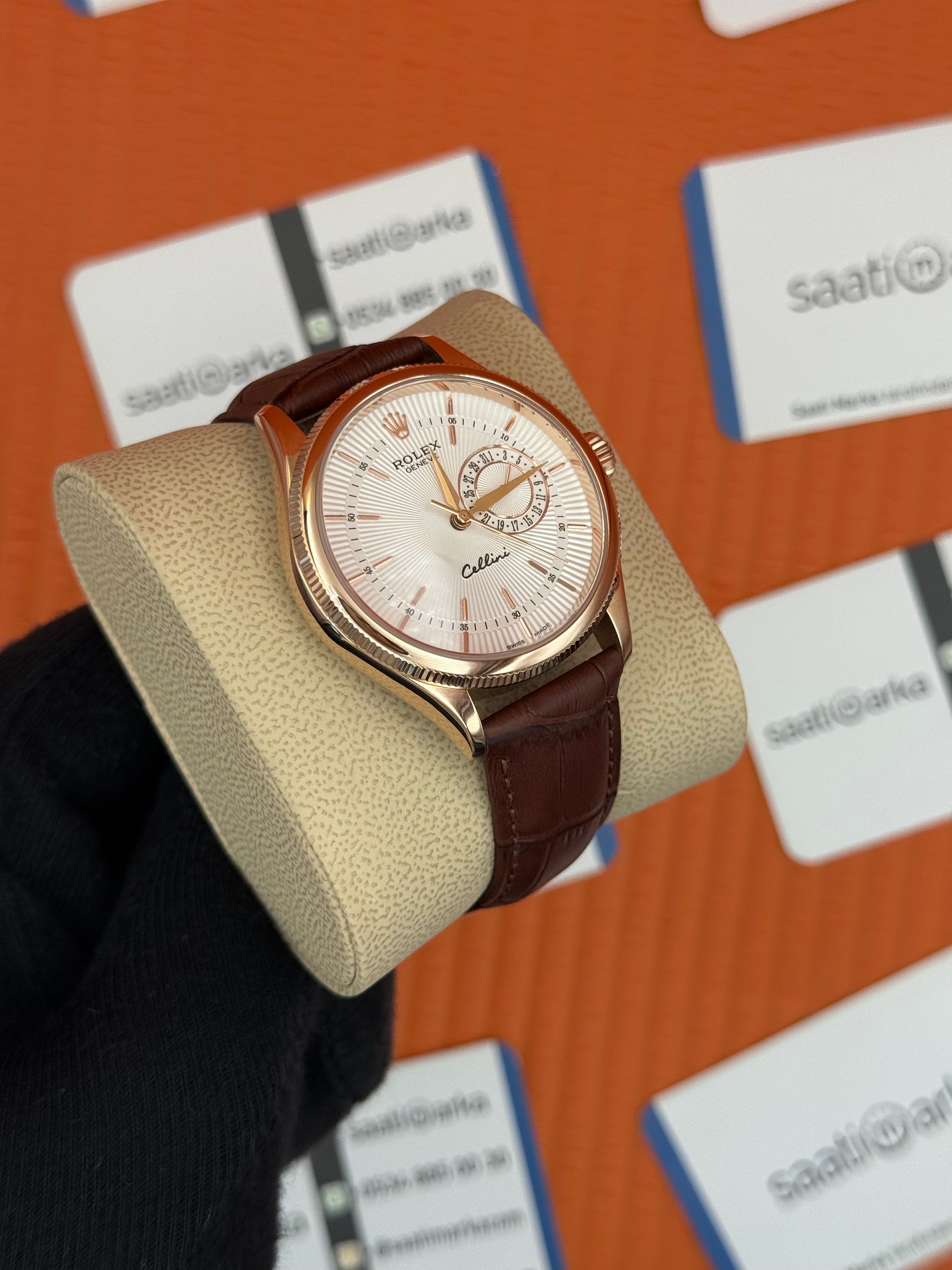 ROLEX Cellini rose kasa beyaz kadran kahverengi deri kordon