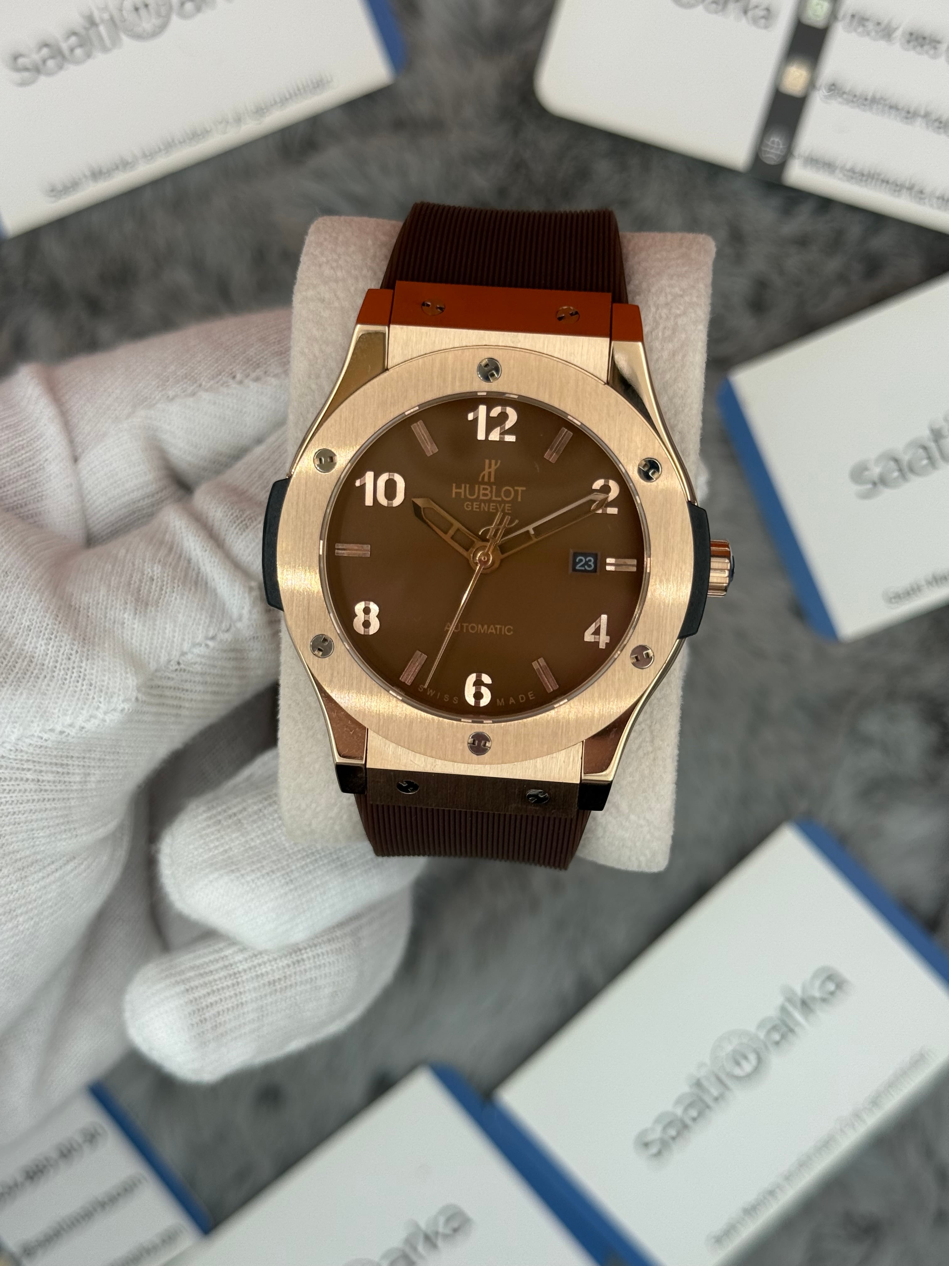 HUBLOT vendome 41mm rose kasa kahverengi kadran kahverengi kauçuk kordon erkek kol saati