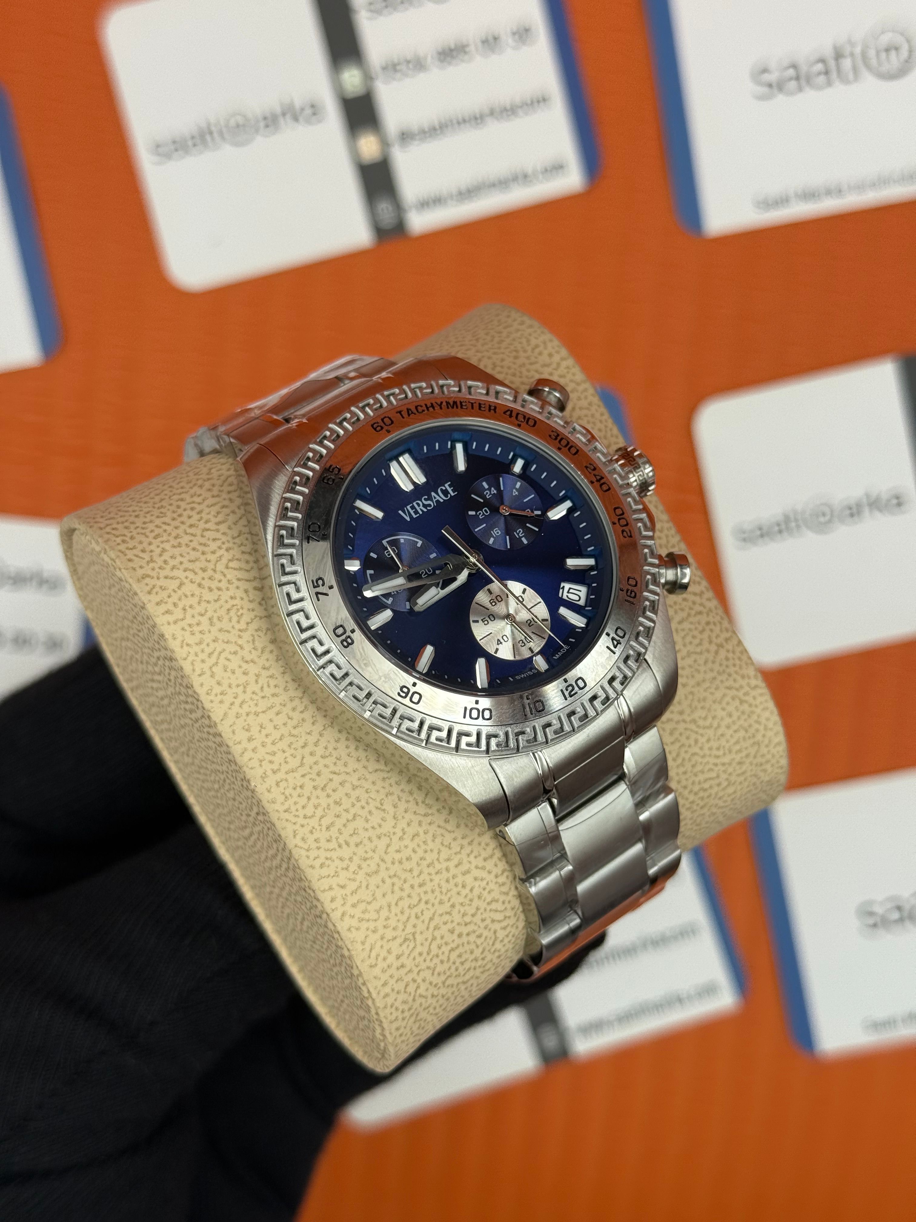 VERSACE mavi kadran silver kasa kordon erkek kol saati
