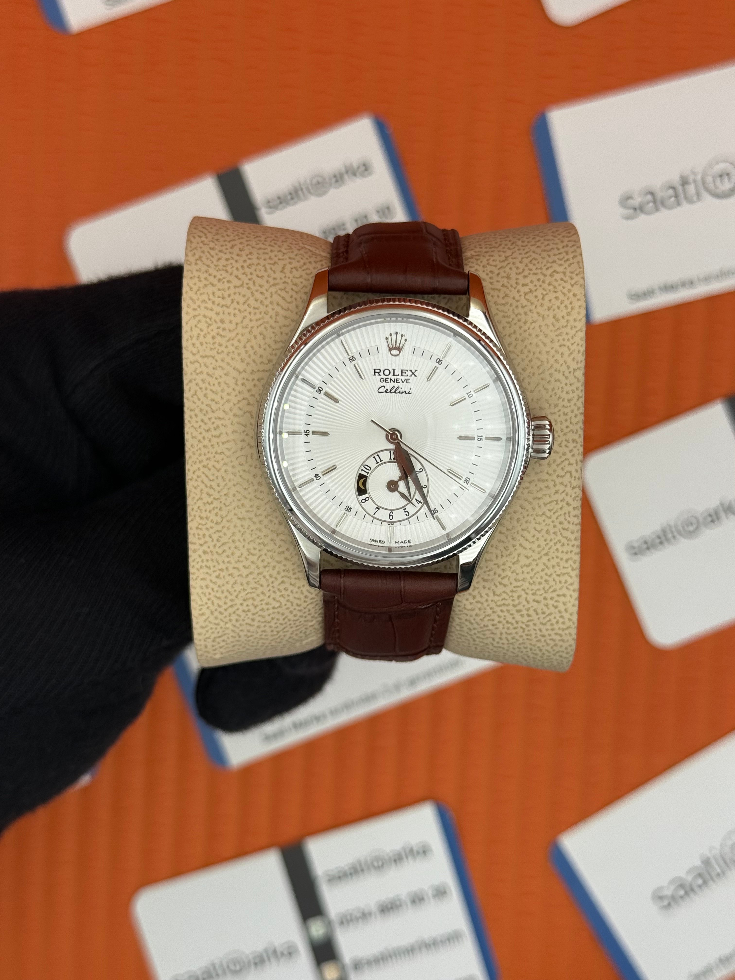 ROLEX Cellini silver kasa beyaz kadran kahverengi deri kordon