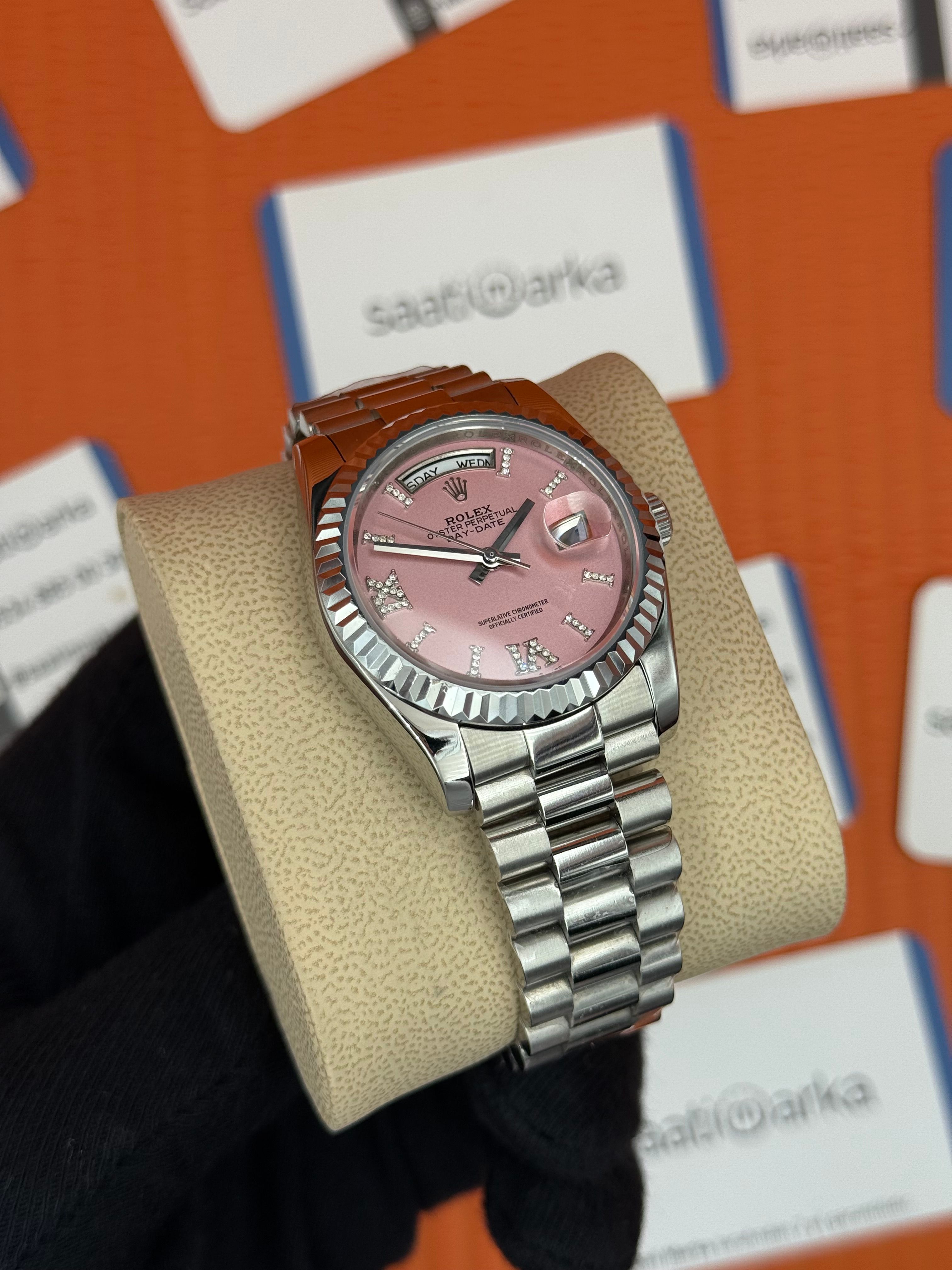 ROELX day date 36mm pembe roma rakamlı kadran silver kasa kordon president 