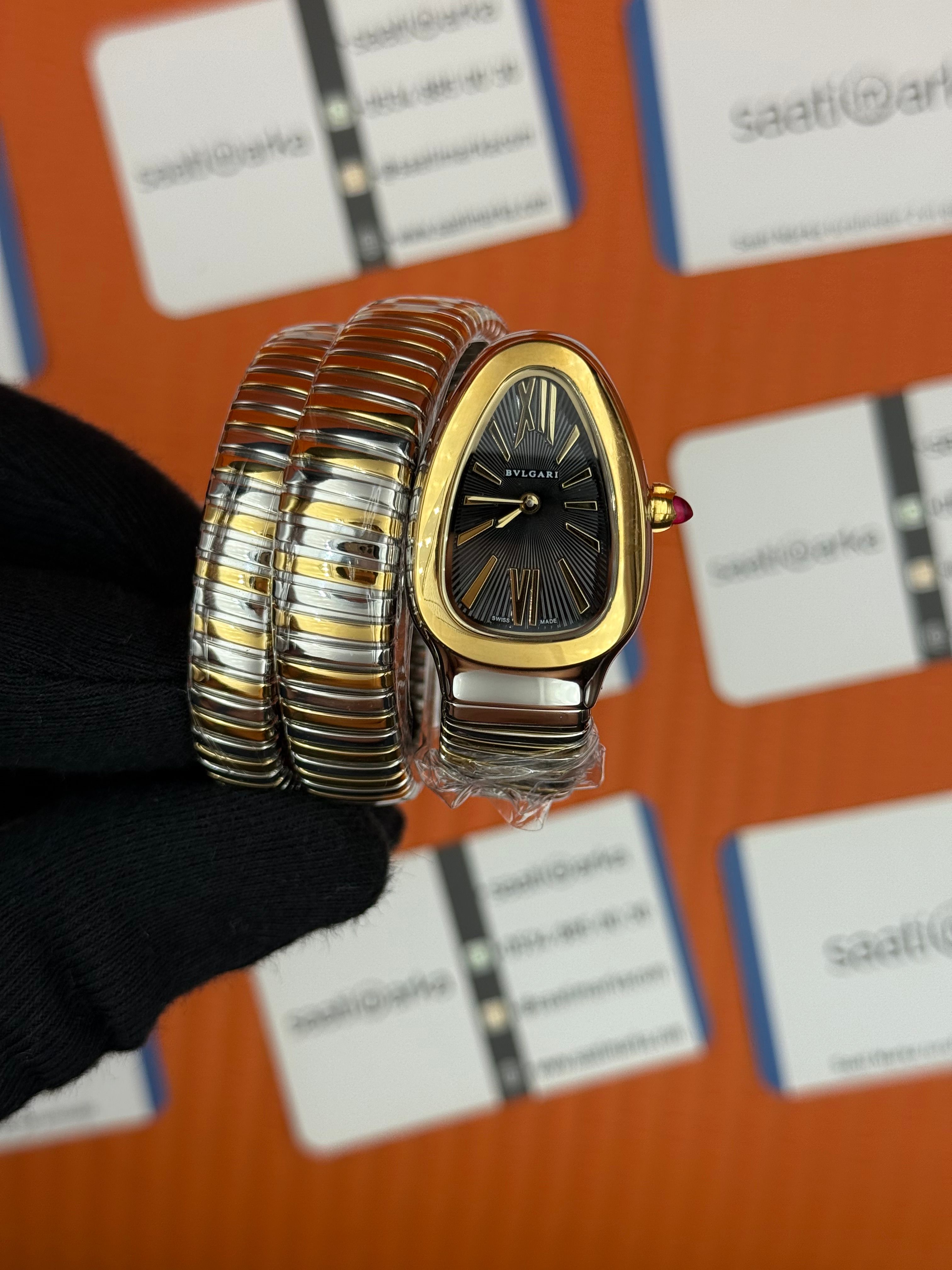 BVLGARİ serpenti çift sarma gold silver kordon siyah kadran kadın kol saati