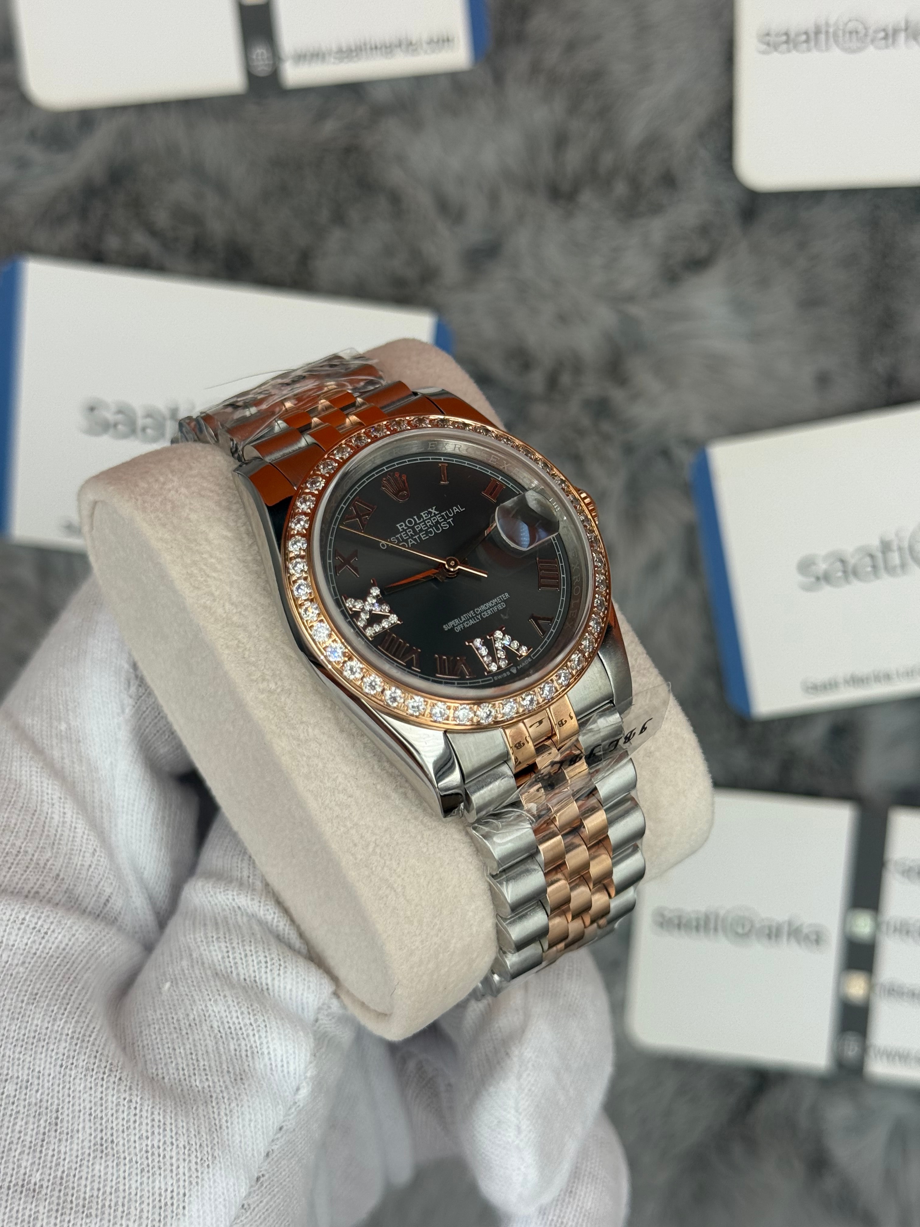 ROLEX Datejust 35mm gri kadran taşlı bezel silver kasa rose silver jubilee kordon