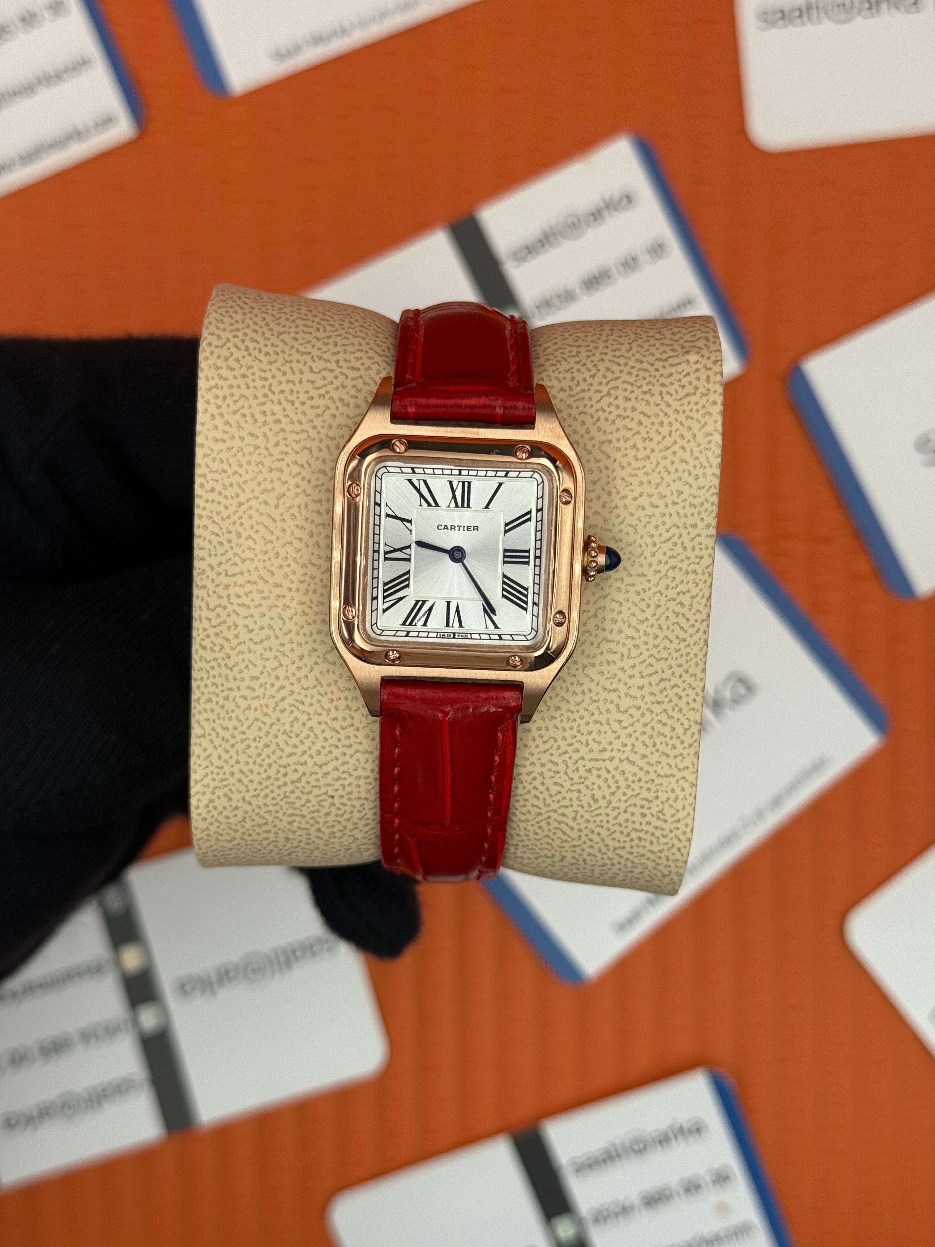 CARTIER Santos 27mm kadın kol saati rose kasa kırmızı deri kordon