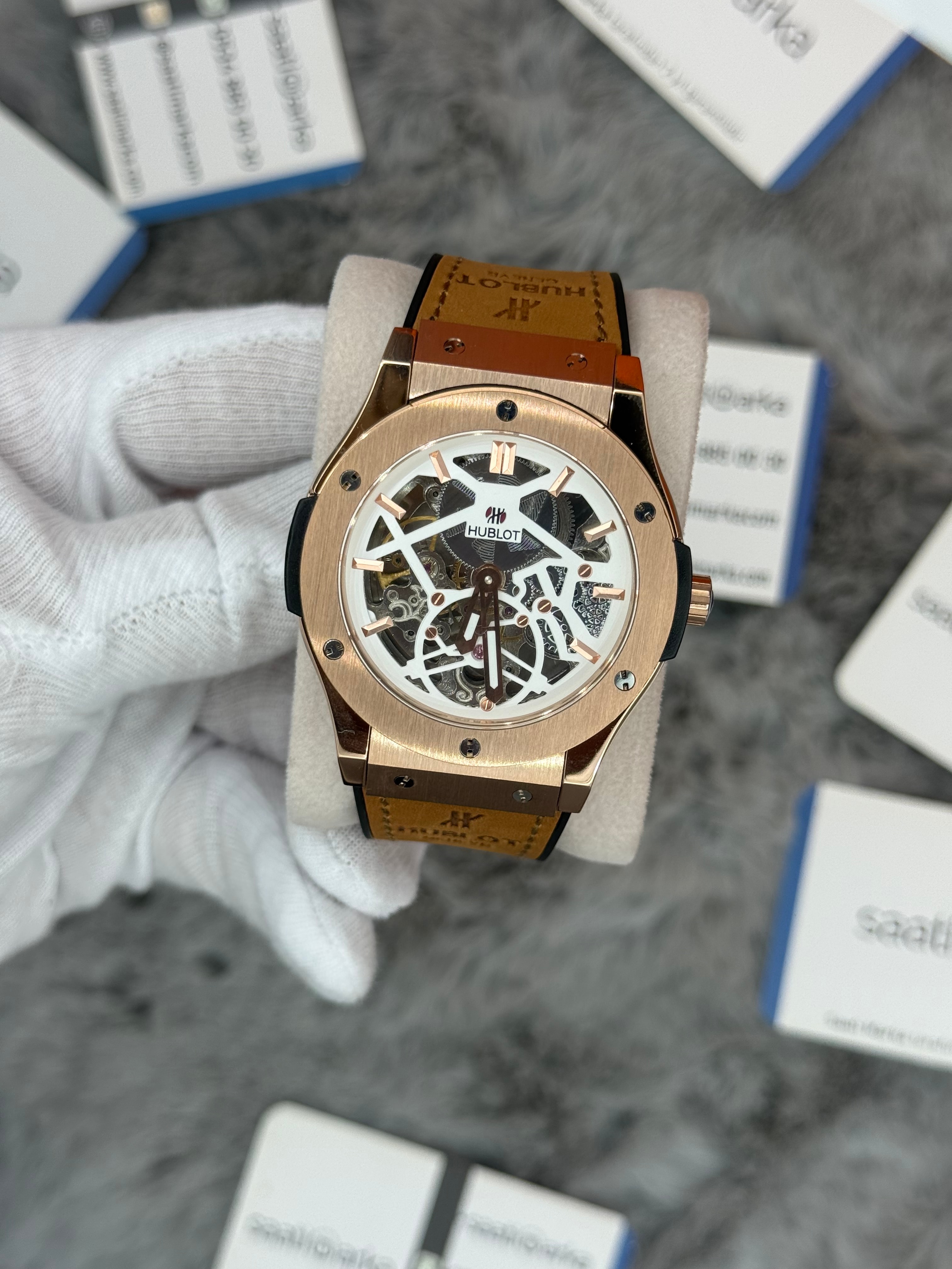 HUBLOT big bang tourbillon 41mm rose kasa kahverengi deri kordon erkek kol saati