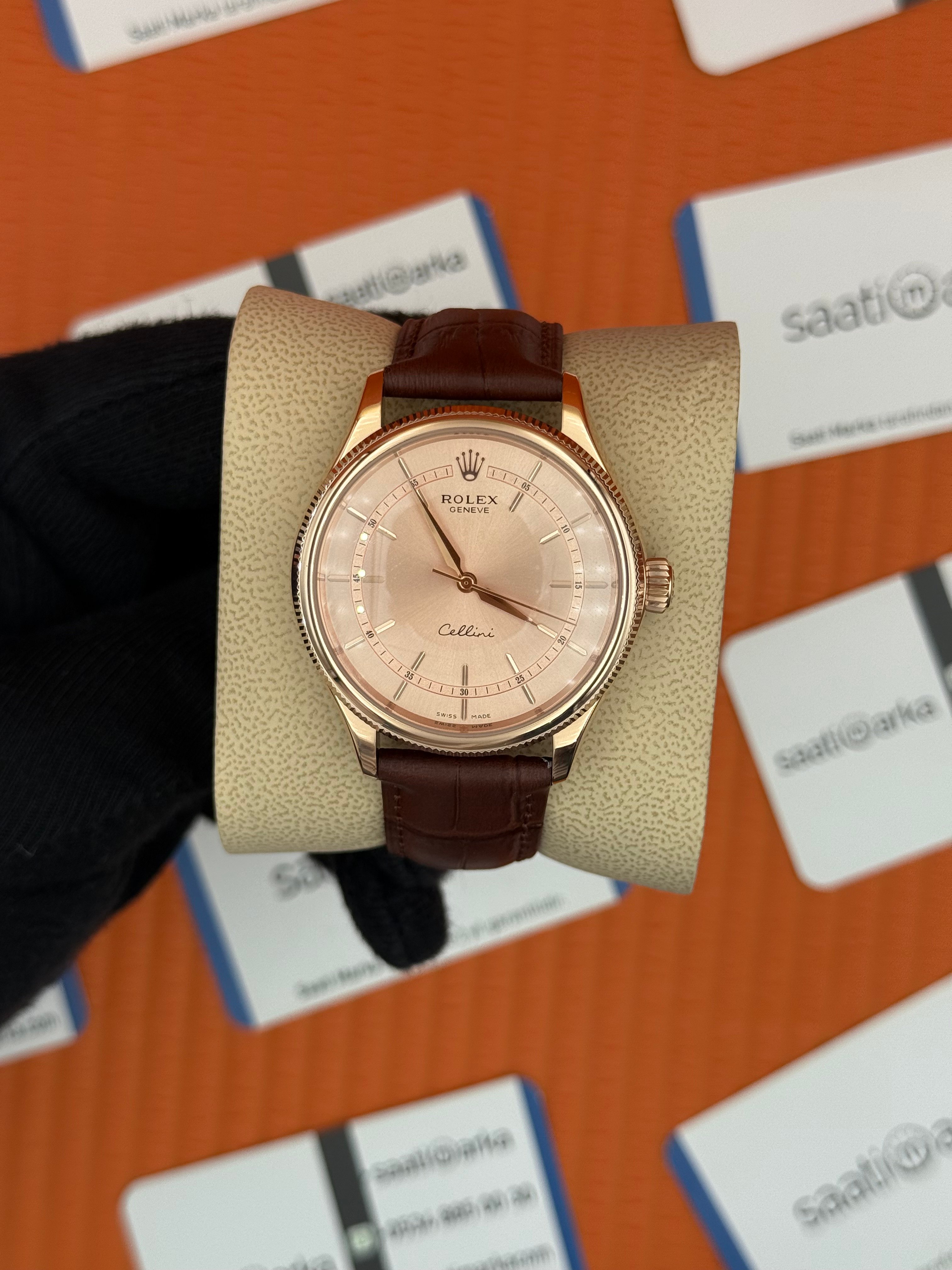ROLEX Cellini rose kasa rose kadran kahverengi deri kordon