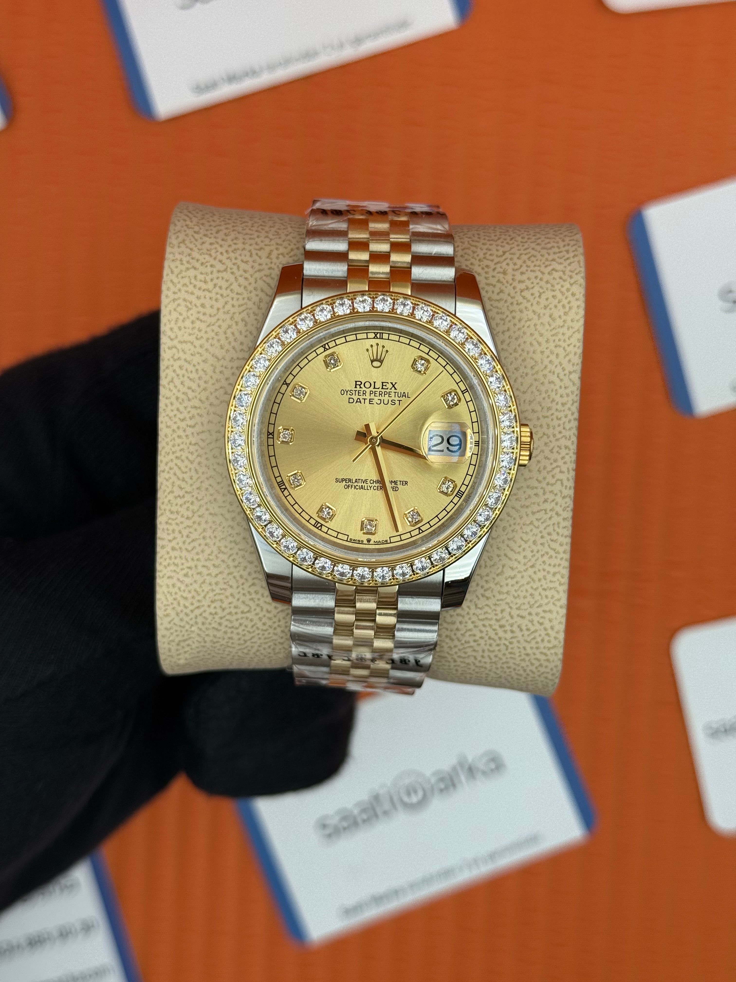ROLEX Datejust taşlı bezel champagne baget taşlı dial gold silver jubilee kordon