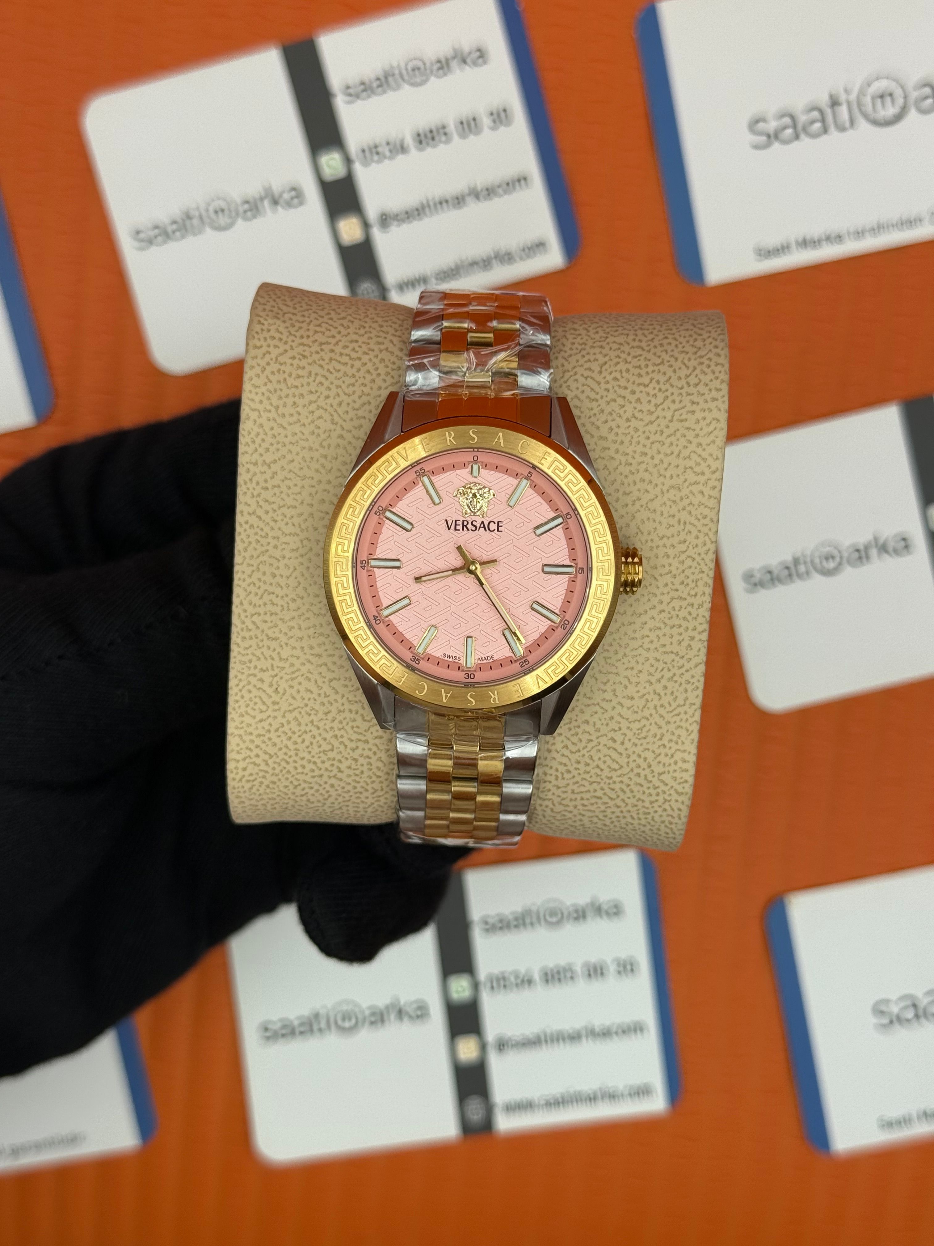 VERSACE pembe kadran gold silver kordon kadın kol saati