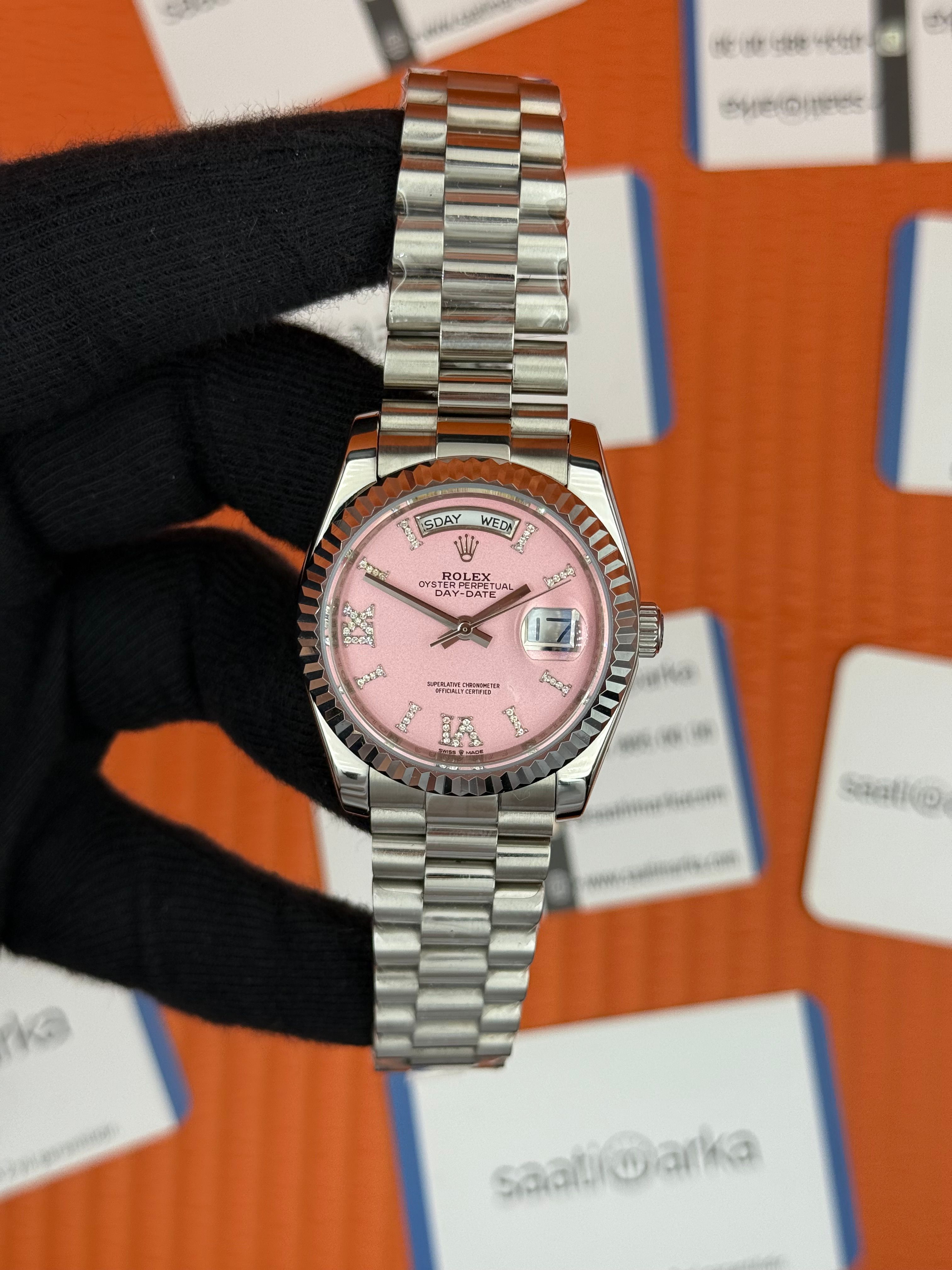 ROELX day date 36mm pembe roma rakamlı kadran silver kasa kordon president 
