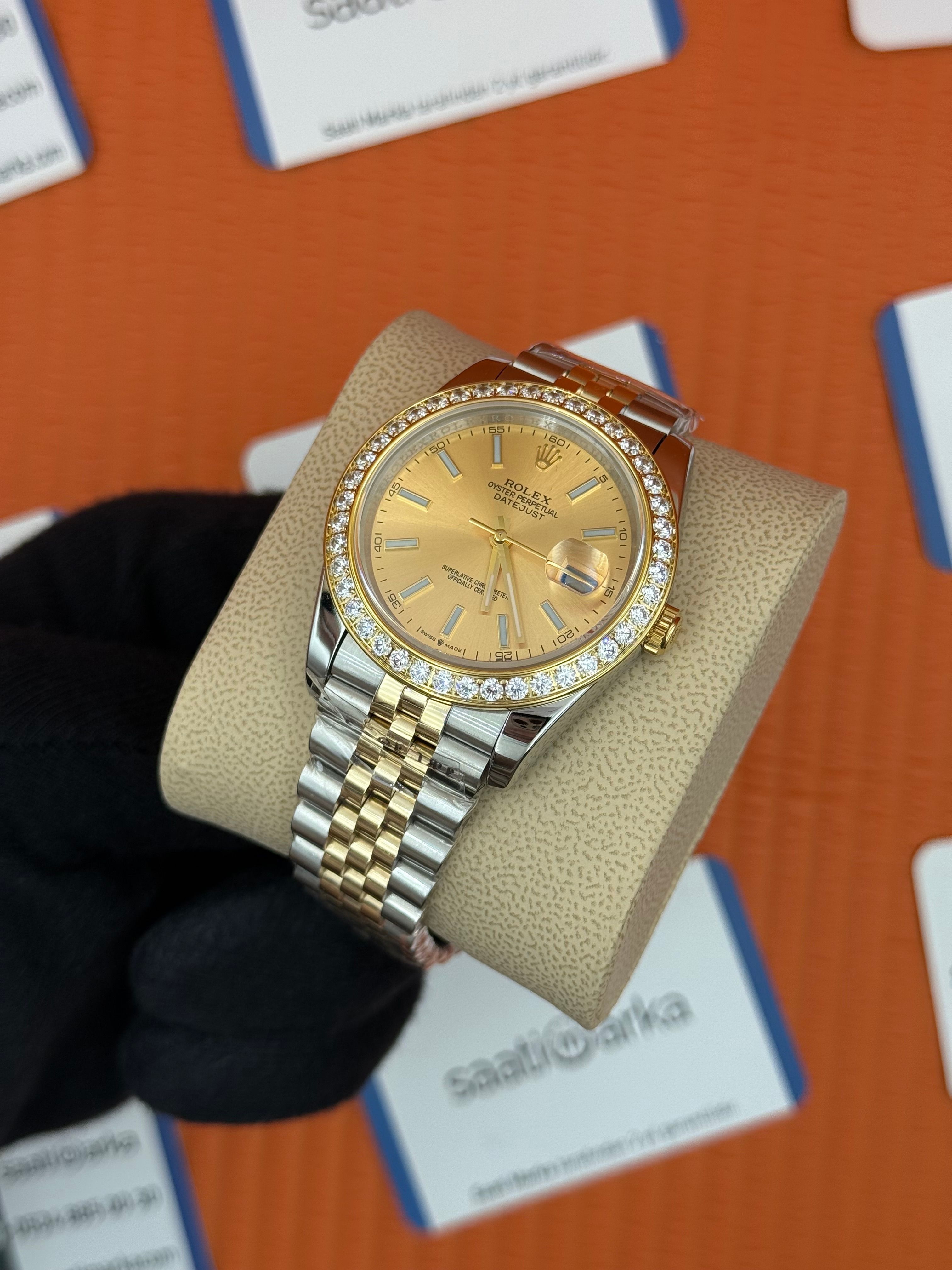 ROLEX Datejust taşlı bezel champagne dial gold silver jubilee krodon