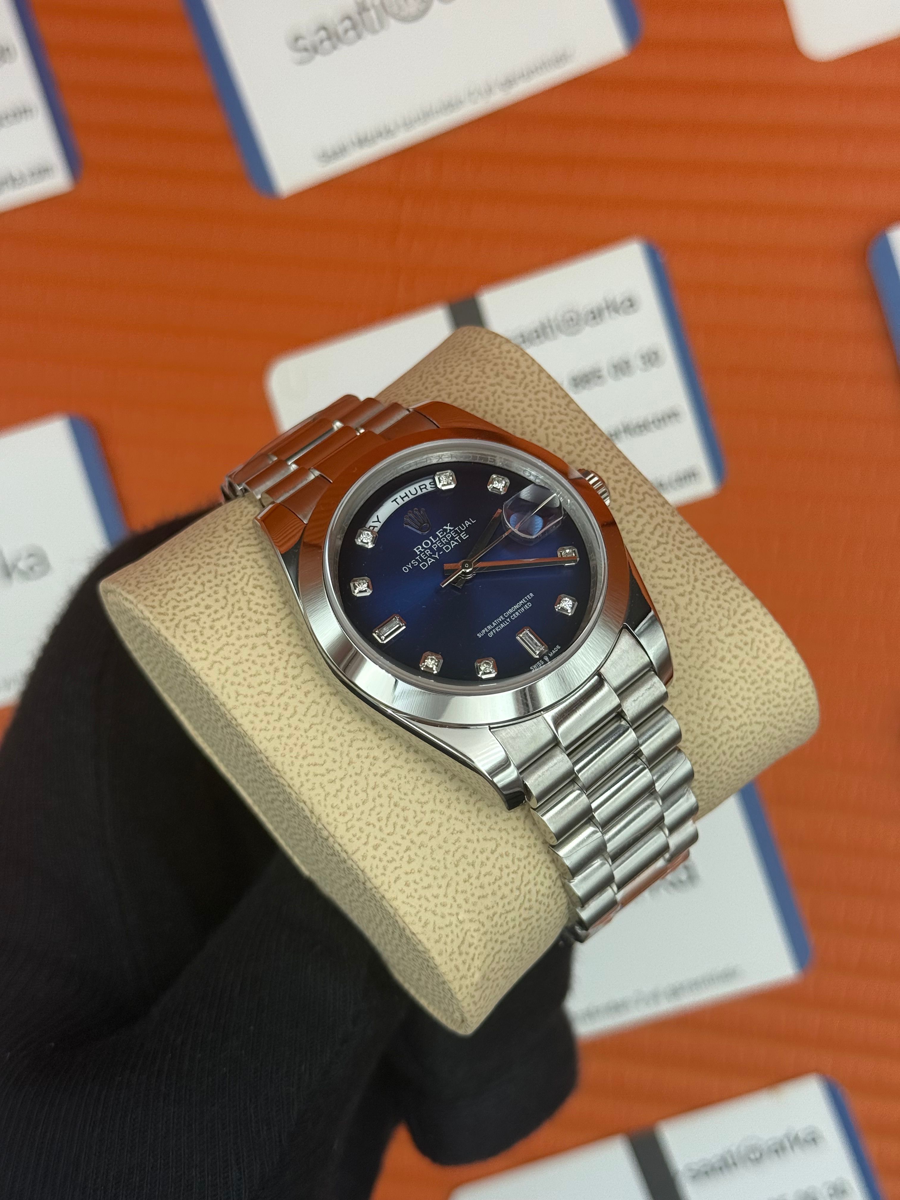 ROLEX Day Date baget taşlı mavi siyah kadran silver president kordon