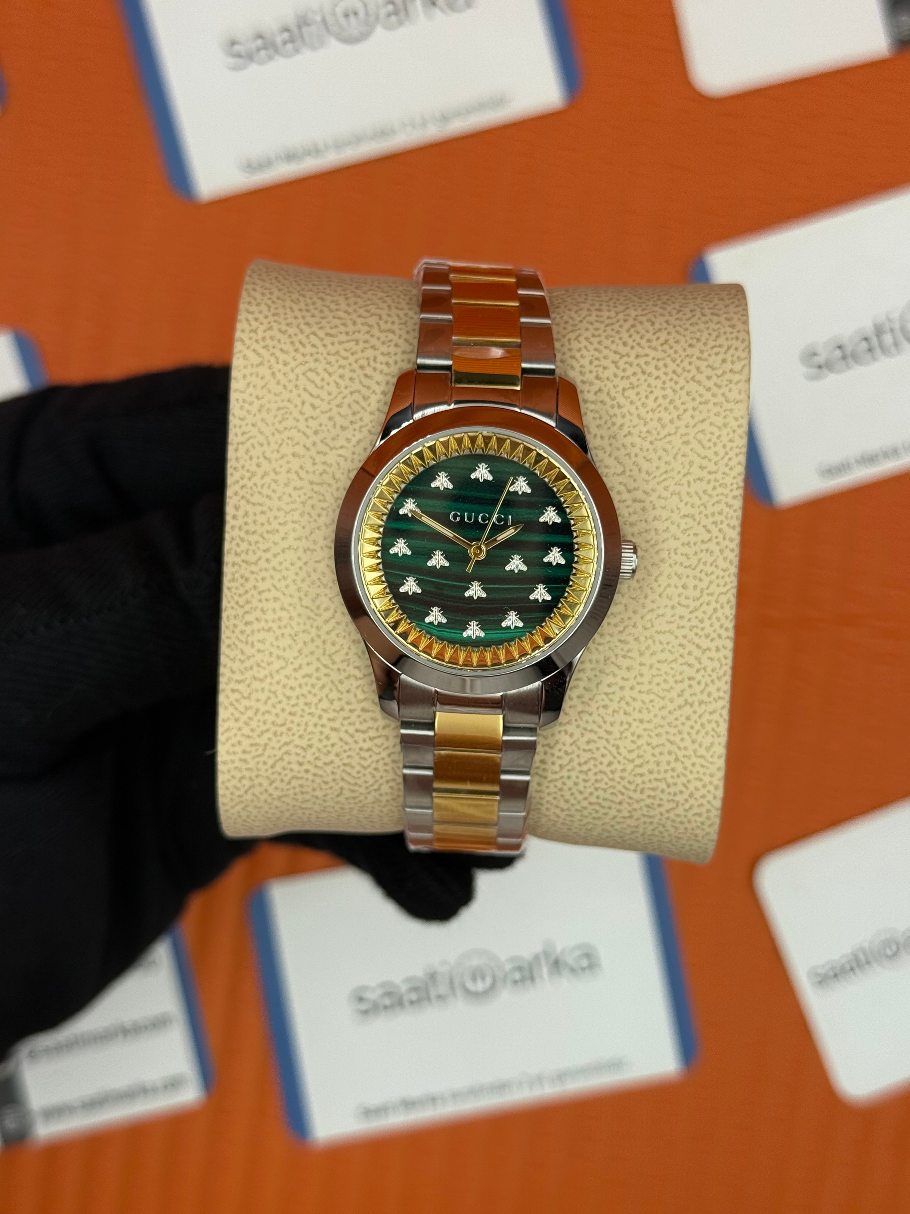 GUCCI yeşil kadran gold silver kasa-kordon kadın kol saati