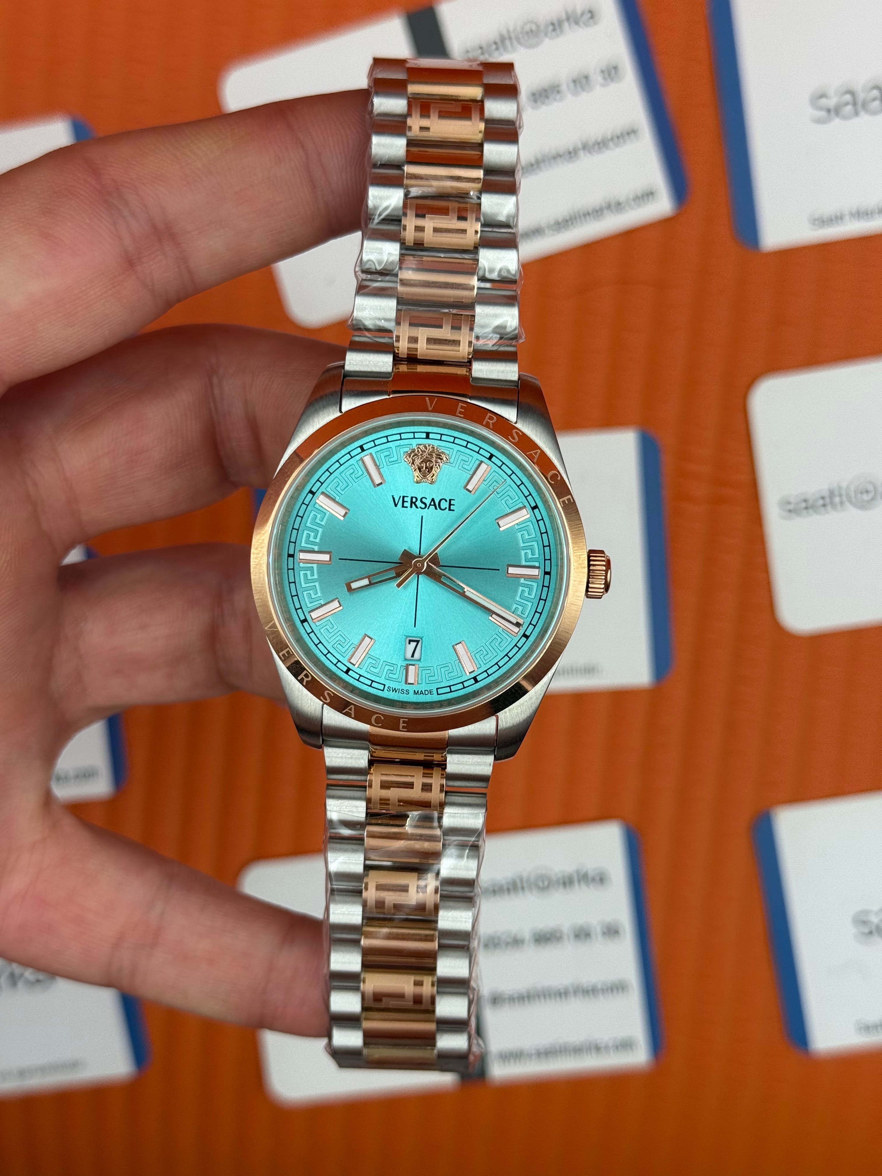 VERSACE 40mm turkuaz kadran rose silver kasa kordon erkek kol saati