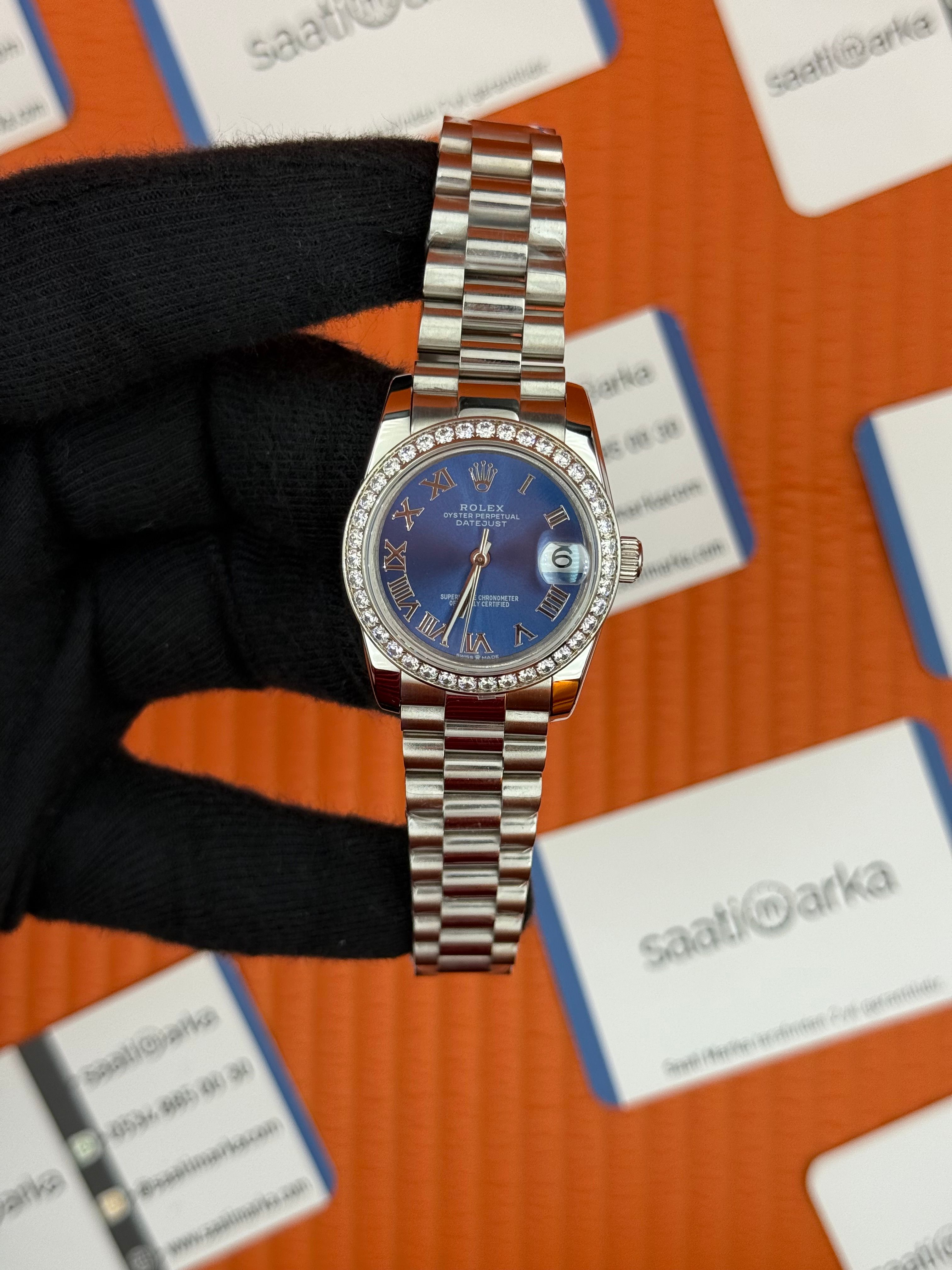 ROLEX datejust 31mm mavi roma rakamlı kadran president kordon taşlı bezel 
