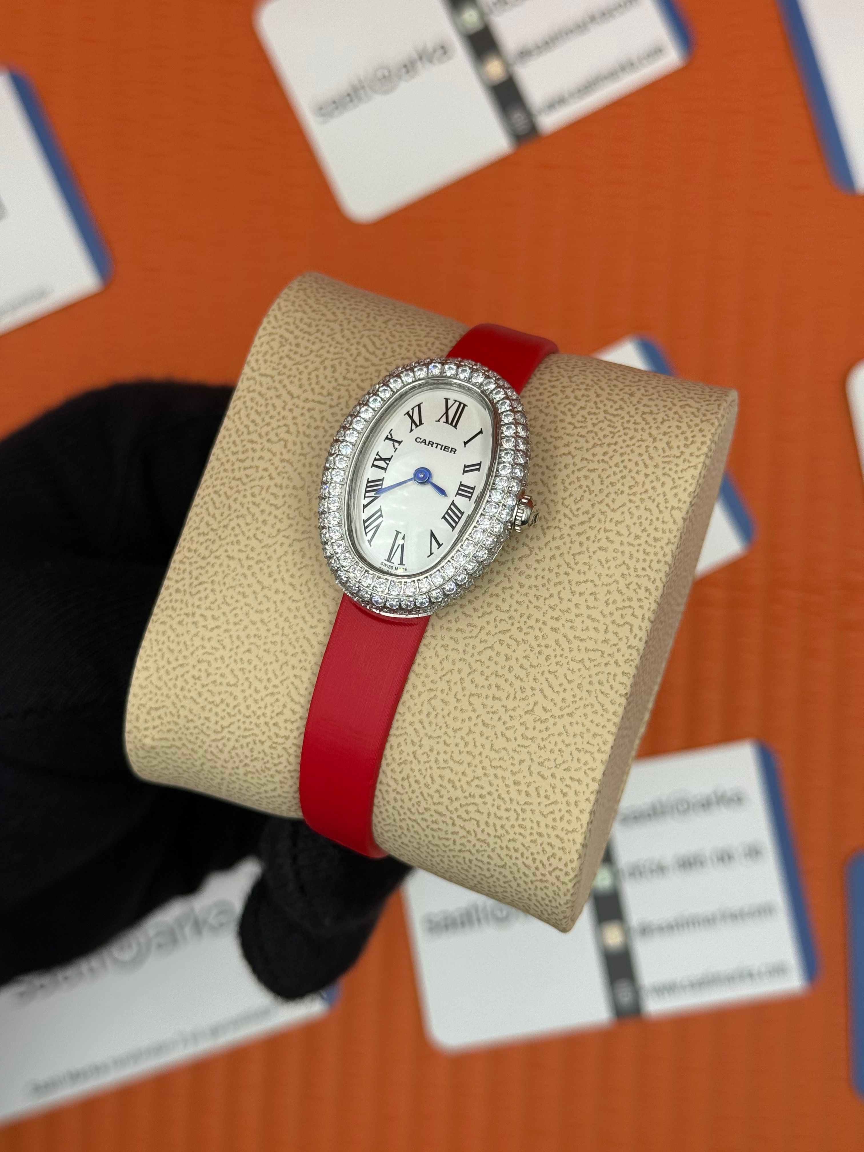CARTIER Baignoire 31mm silver kasa taşlı bezel kırmızı deri kordon