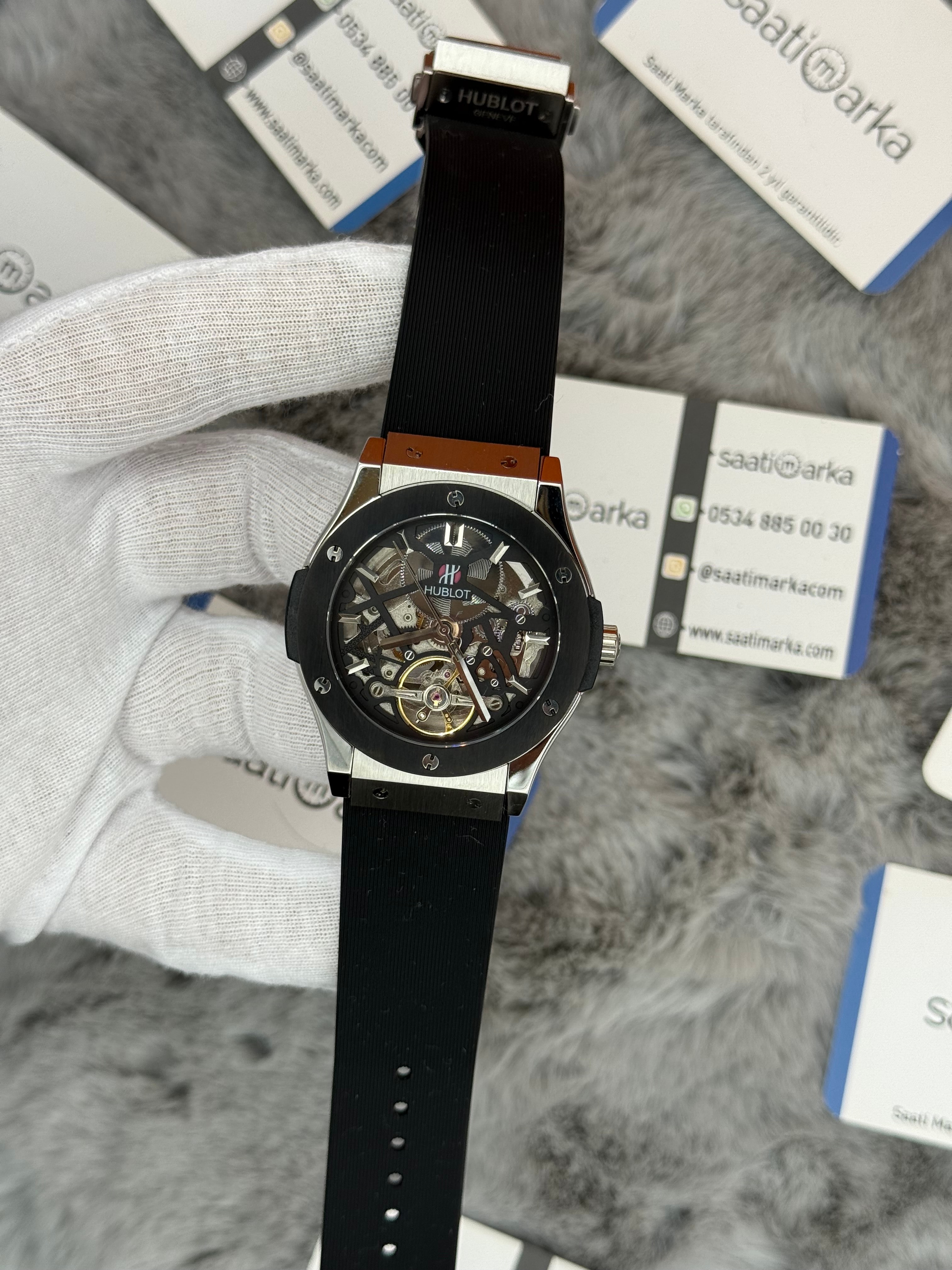 HUBLOT big bang tourbillon 41mm silver kasa siyah kauçuk kordon erkek kol saati