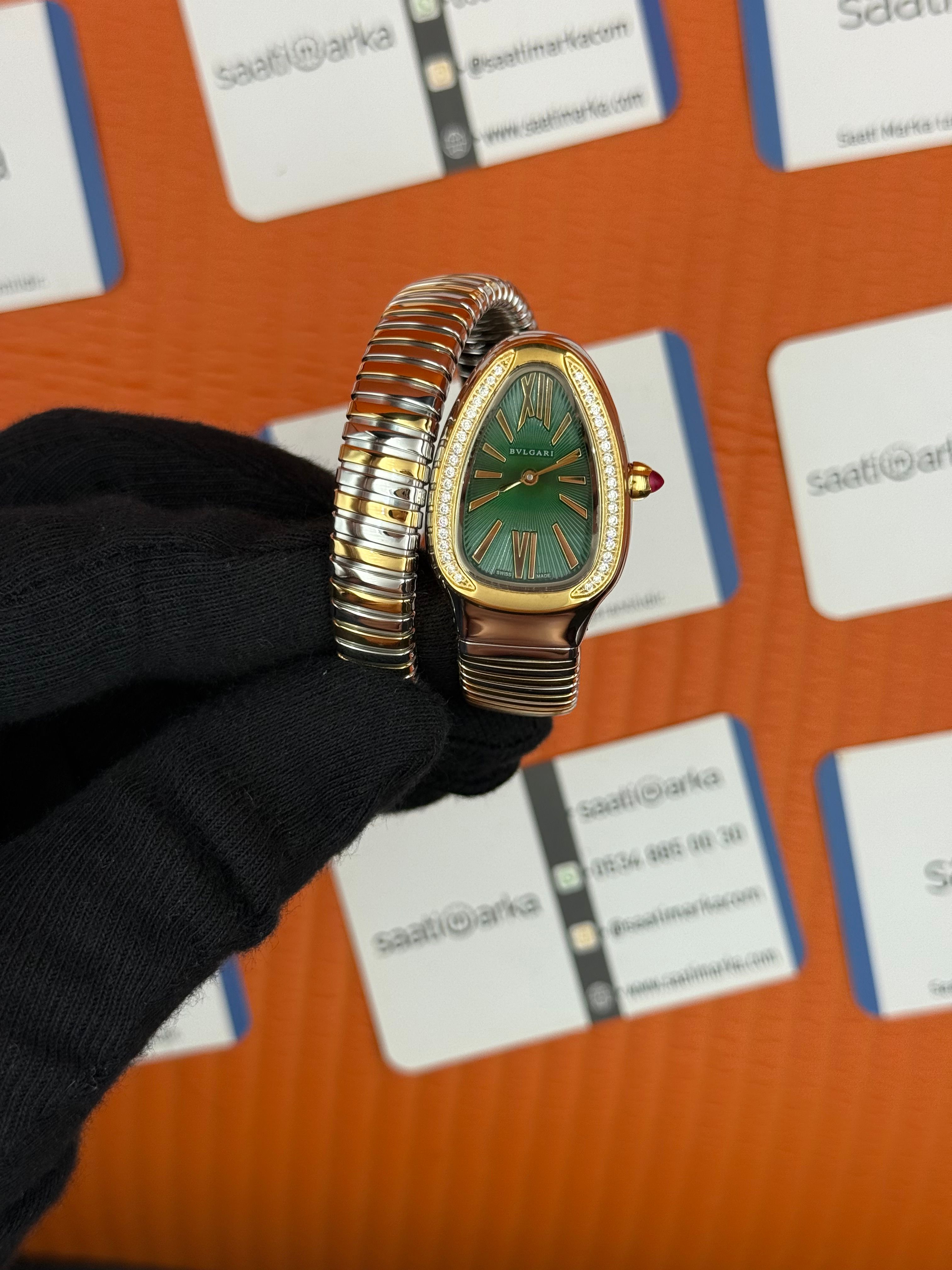 BVLGARİ serpenti tek sarma gold silver kordon taşlı bezel yeşil kadran kadın kol saati