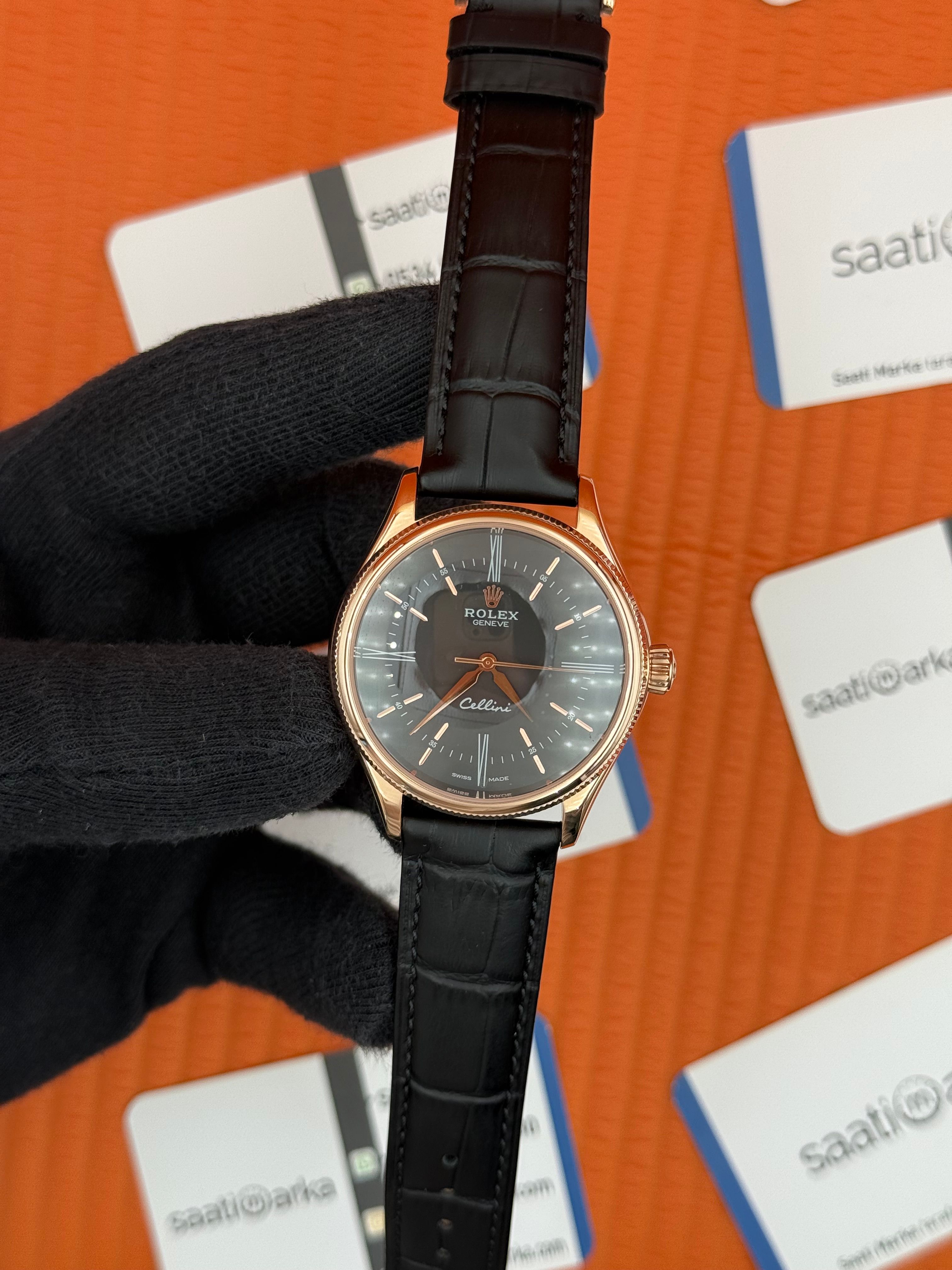 ROLEX Cellini rose kasa siyah kadran siyah deri kordon