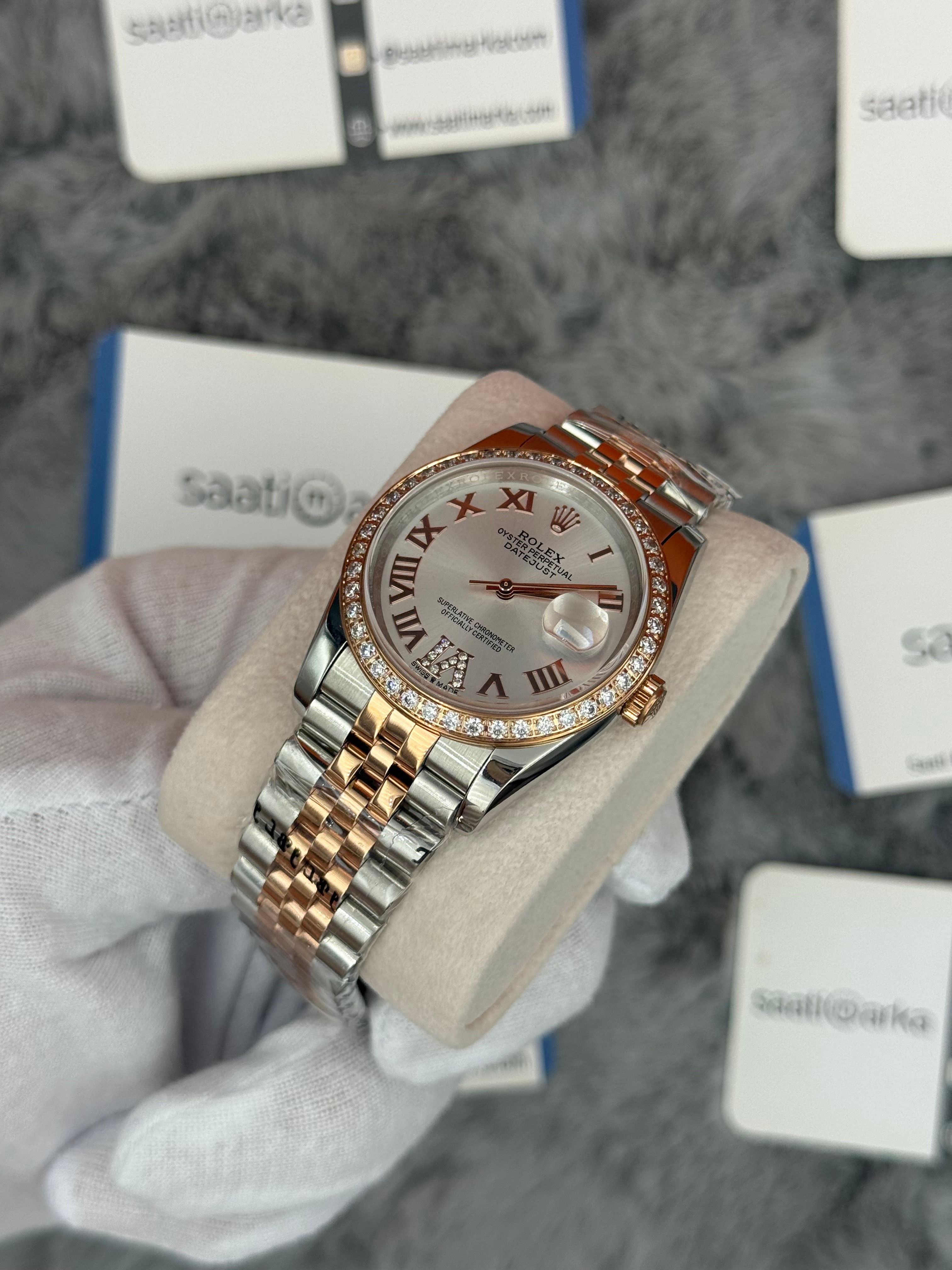 ROLEX Datejust 36mm beyaz kadran taşlı bezel silver kasa rose silver jubilee kordon