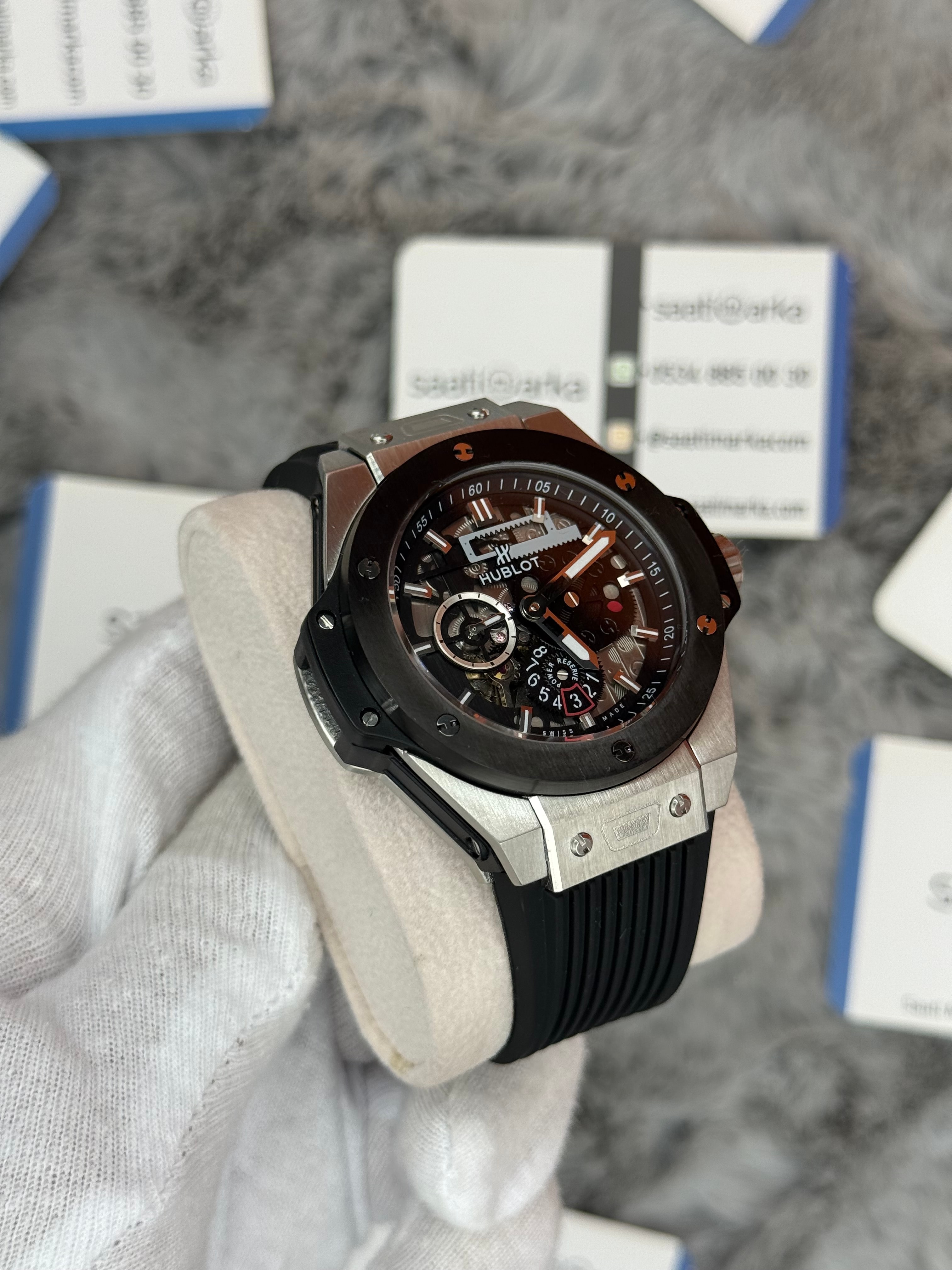 HUBLOT big bang tourbillon 42mm silver kasa siyah kauçuk kordon erkek kol saati