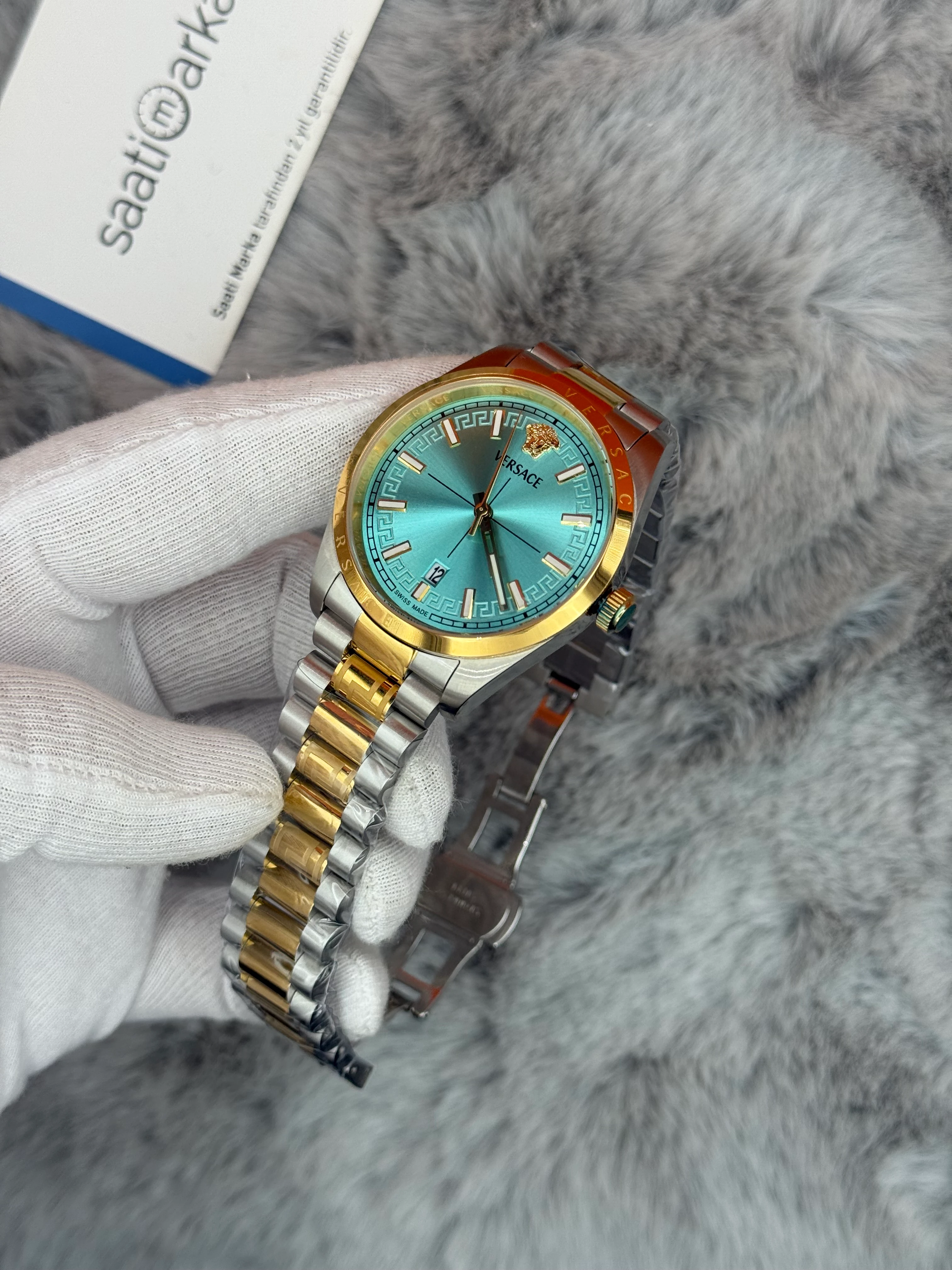 VERSACE 40MM TURKUAZ KADRAN GOLD SİLVER KASA KORDON ERKEK KOL SAATİ