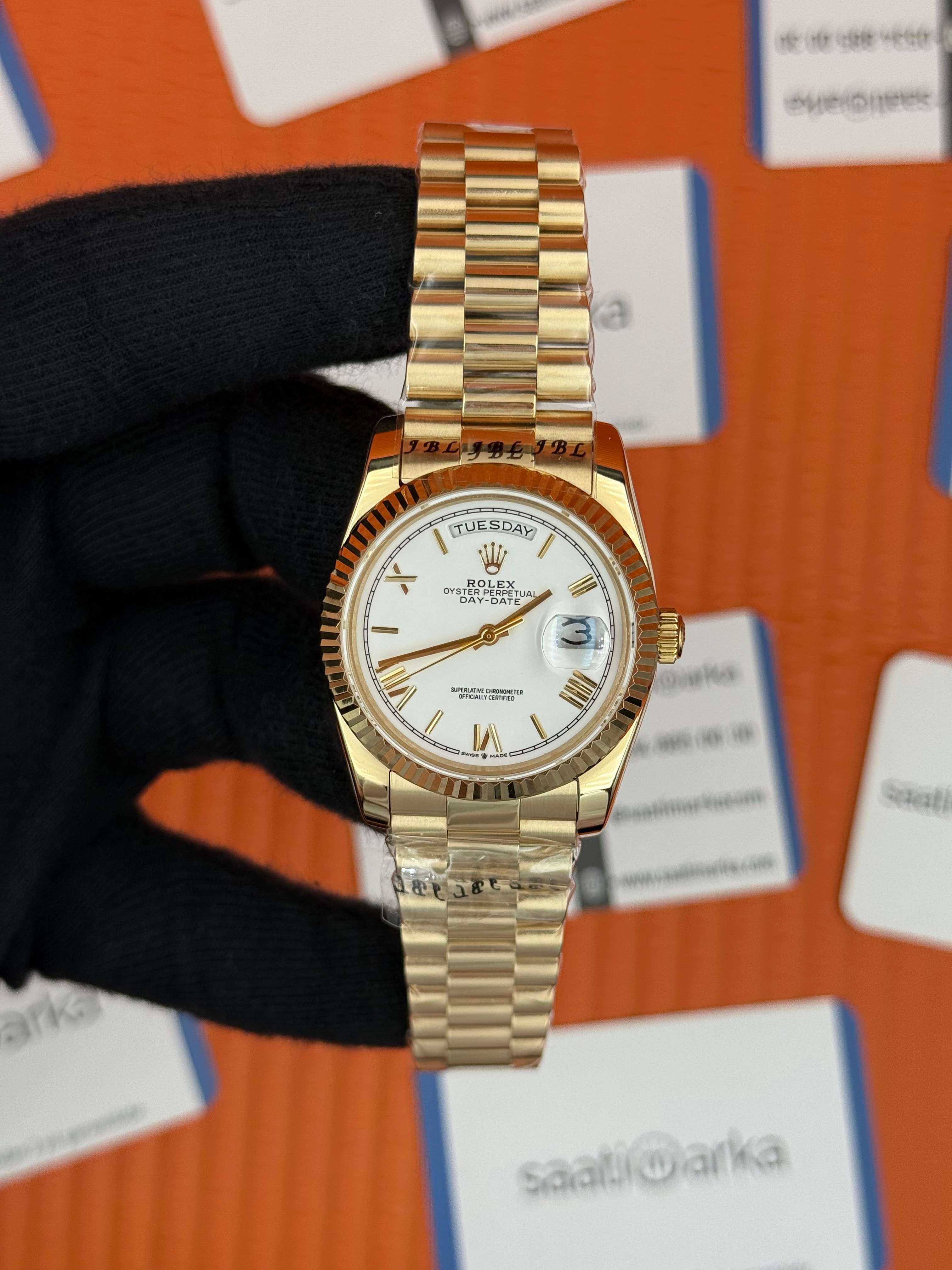 ROELX day date 36mm roma rakamlı beyaz kadran president kordon