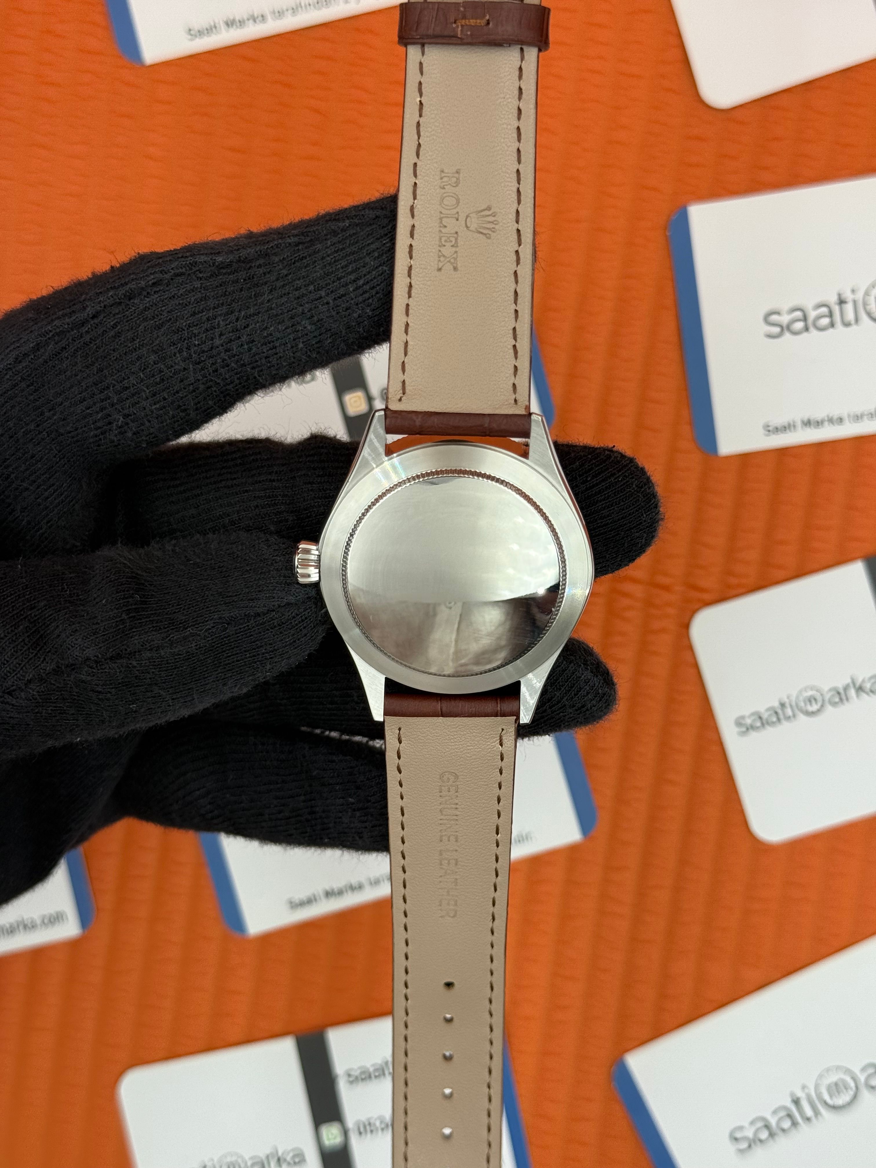 ROLEX Cellini silver kasa beyaz kadran kahverengi deri kordon