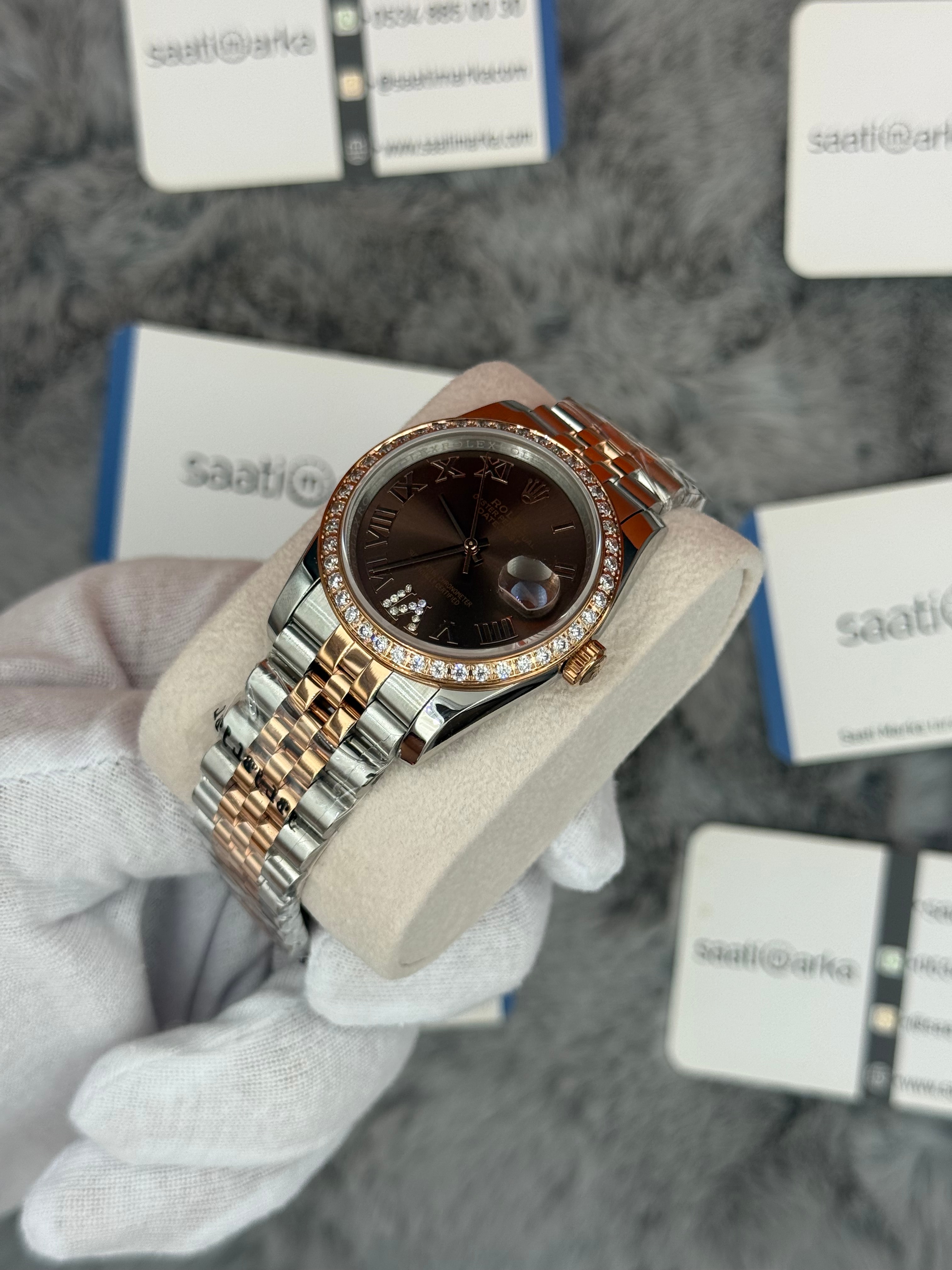 ROLEX Datejust 36mm kahverengi kadran taşlı bezel silver kasa rose silver jubilee kordon