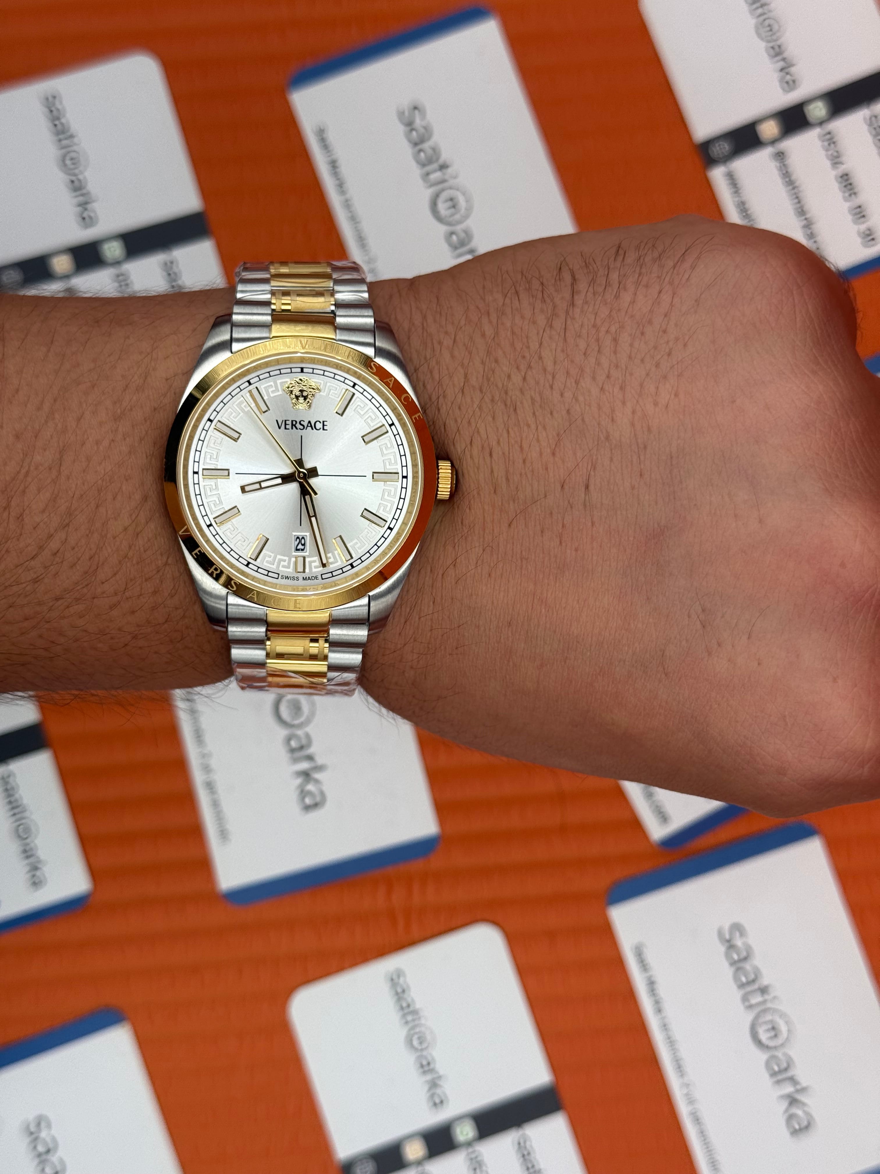 VERSACE 40mm beyaz kadran gold silver kasa kordon erkek kol saati