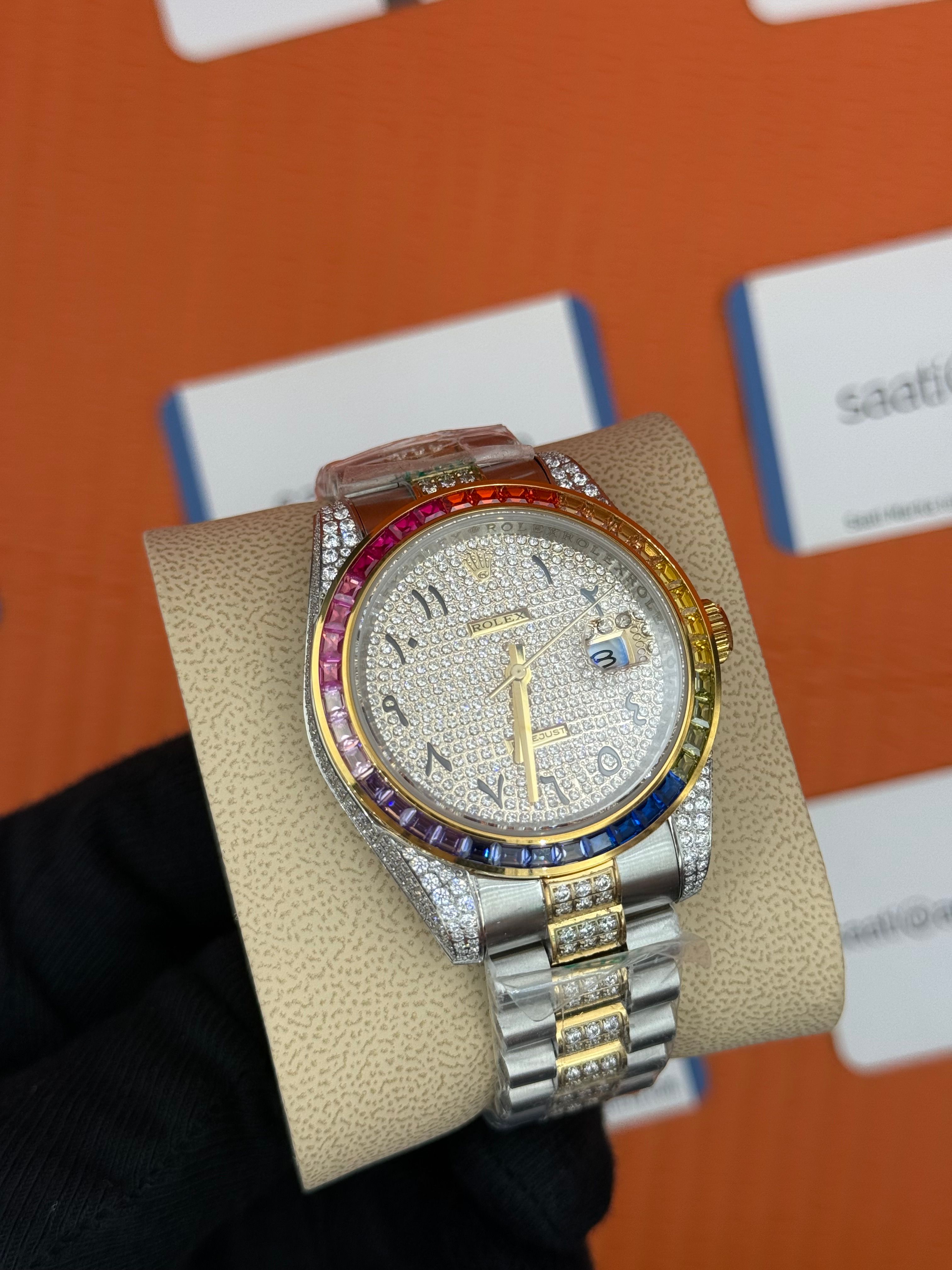 ROLEX Datejust arap rakamlı kadran taşlı kasa kordon gold silver