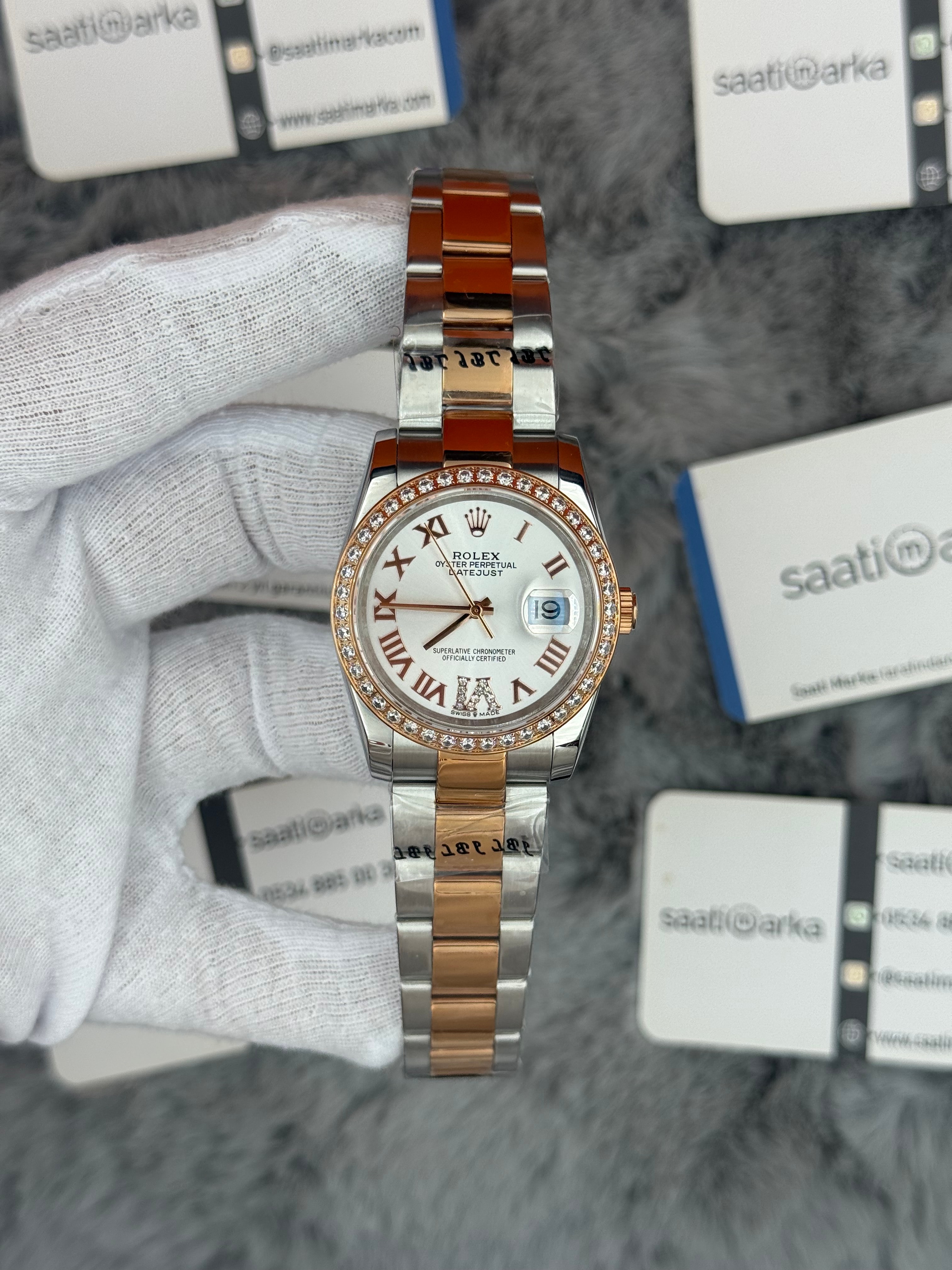 ROLEX Datejust 36mm beyaz kadran taşlı bezel silver kasa rose silver kordon 