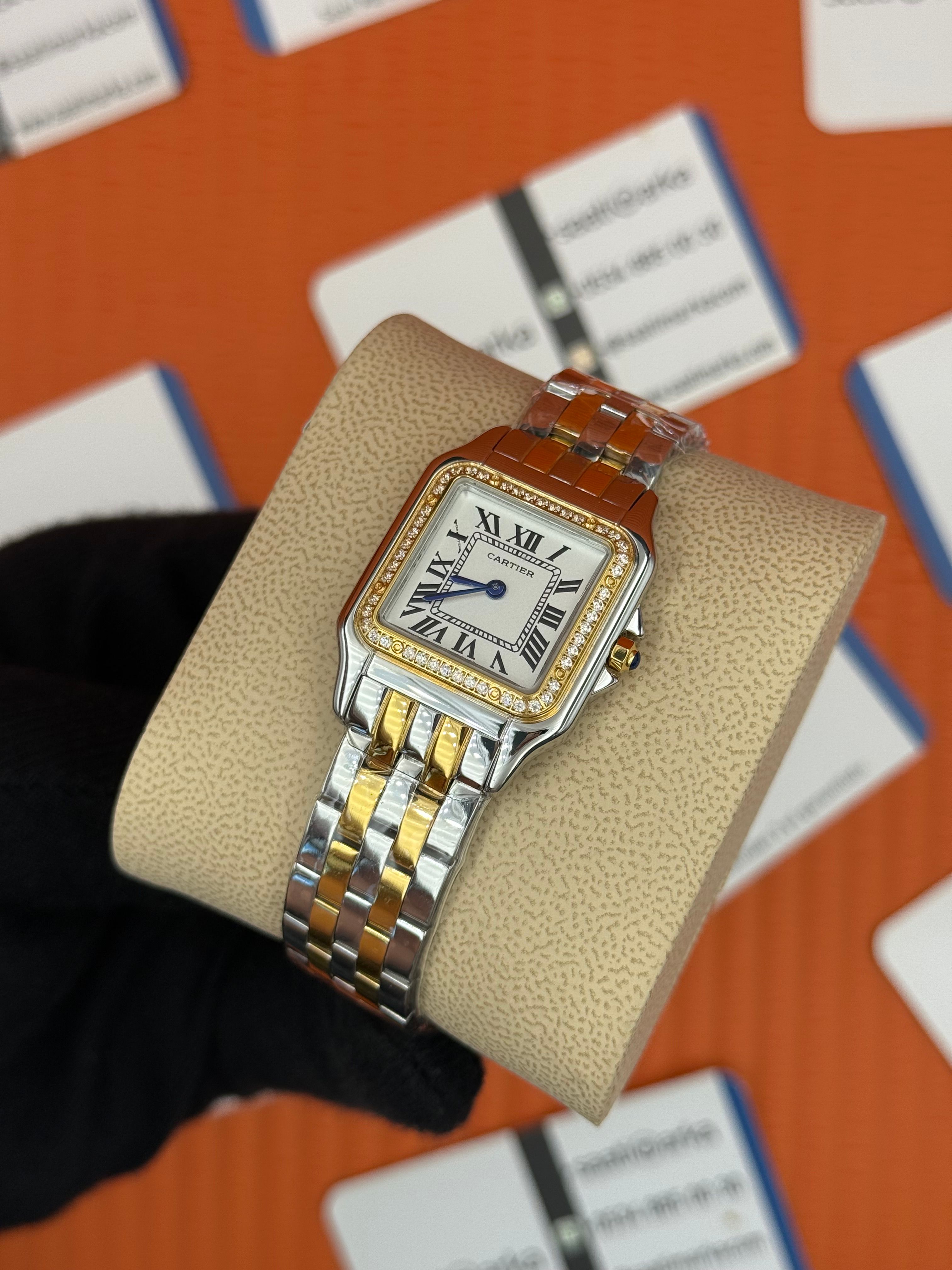 CARTIER Panthere 27mm taşlı bezel silver gold kasa-kordon