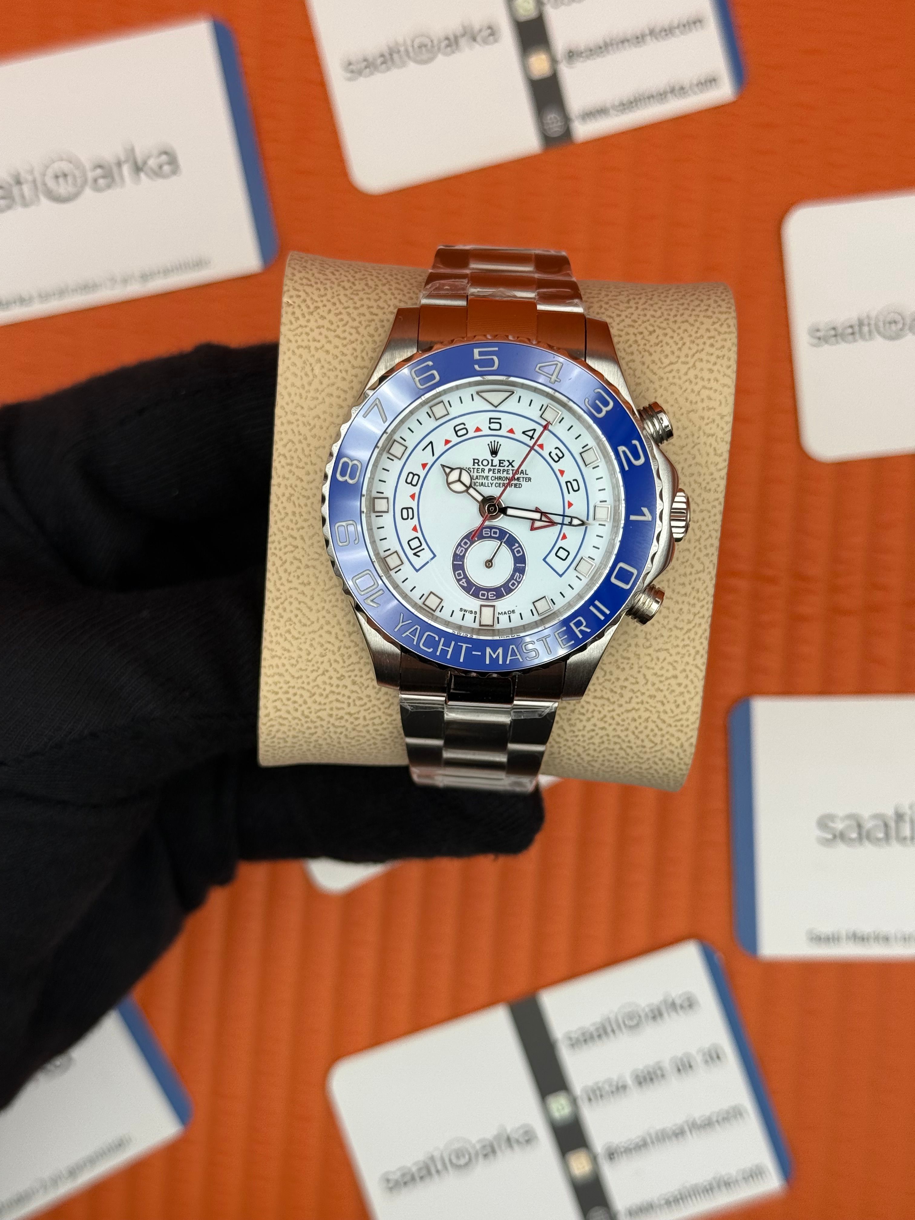 ROLEX Yacht Master oyster white dial blue bezel silver kasa-kordon