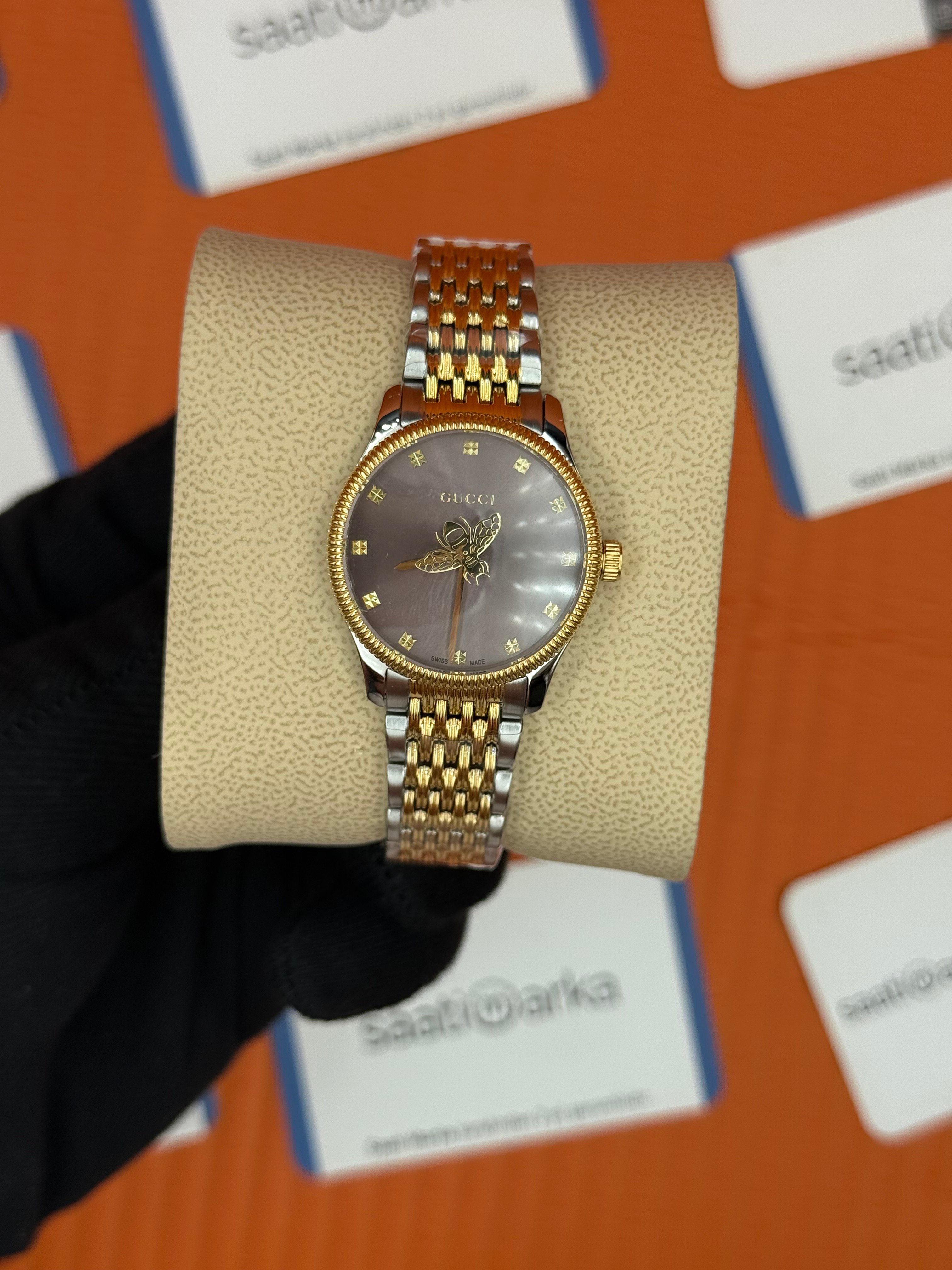 GUCCI kahverengi kadran gold silver kasa kordon kadın kol saati