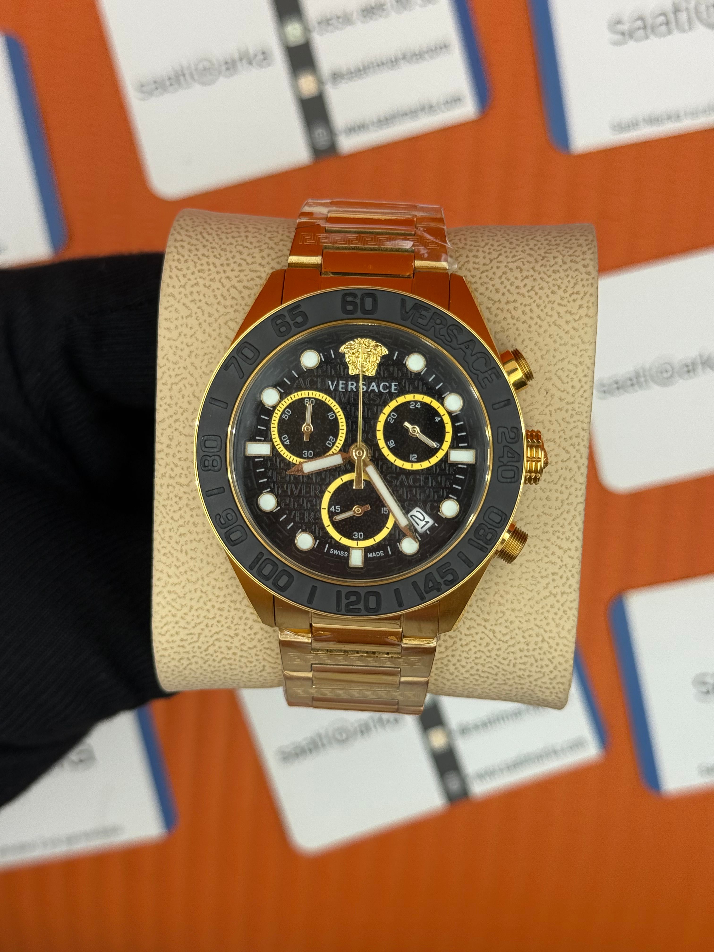 VERSACE siyah kadran gold kasa kordon siyah bezel erkek kol saati