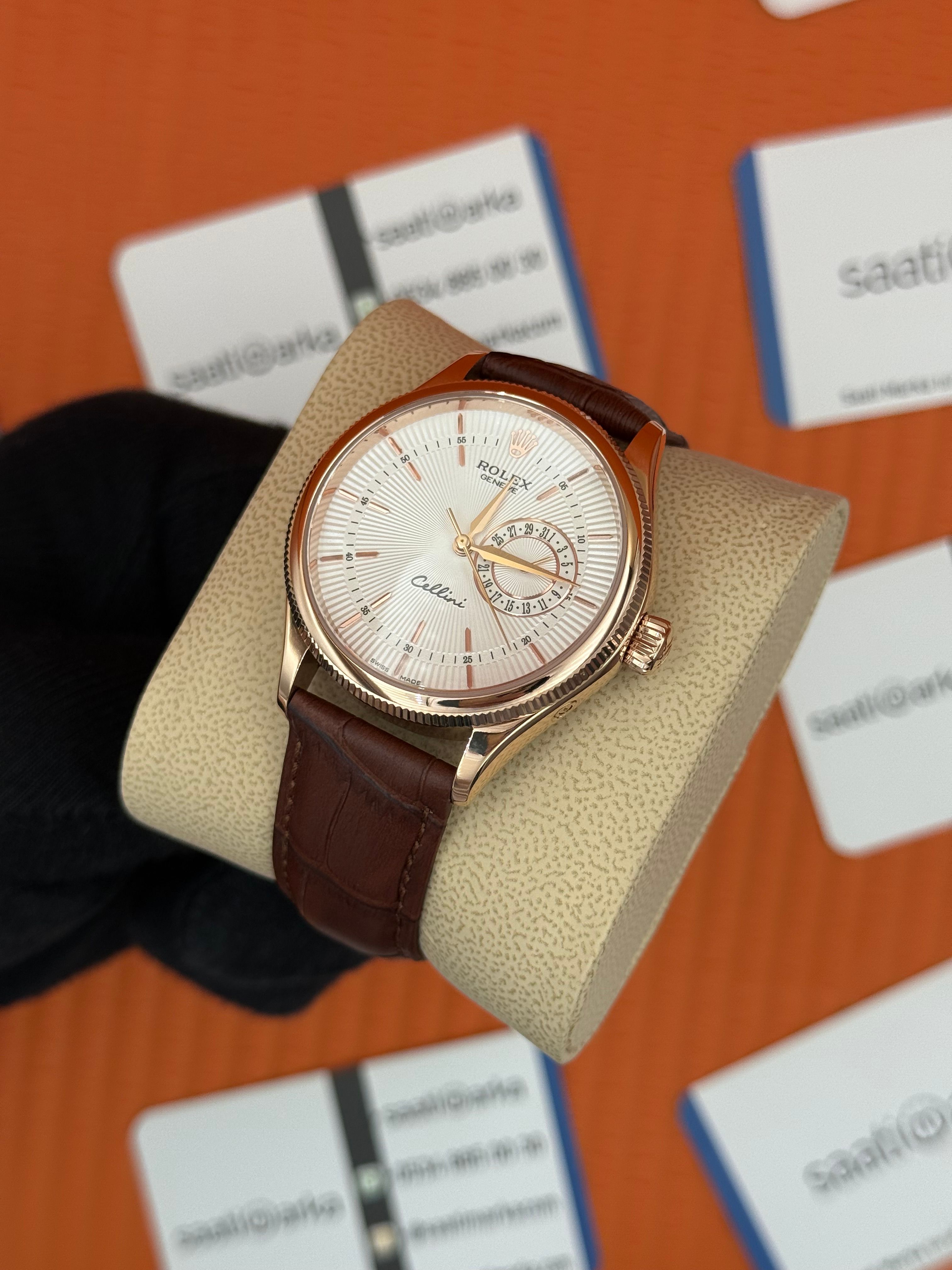 ROLEX Cellini rose kasa beyaz kadran kahverengi deri kordon