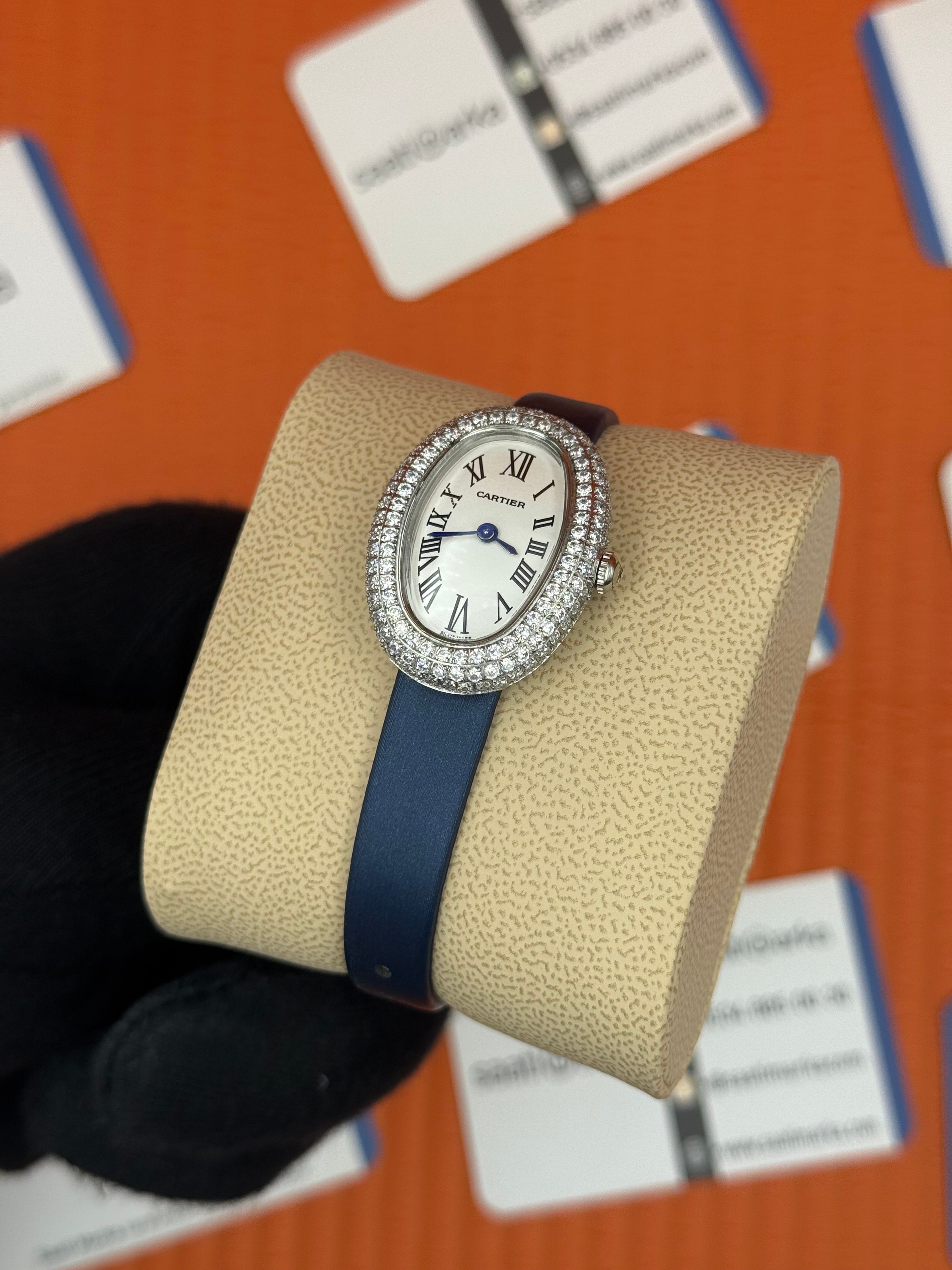CARTIER Baignoire 31mm taşlı bezel silver kasa lacivert deri kordon