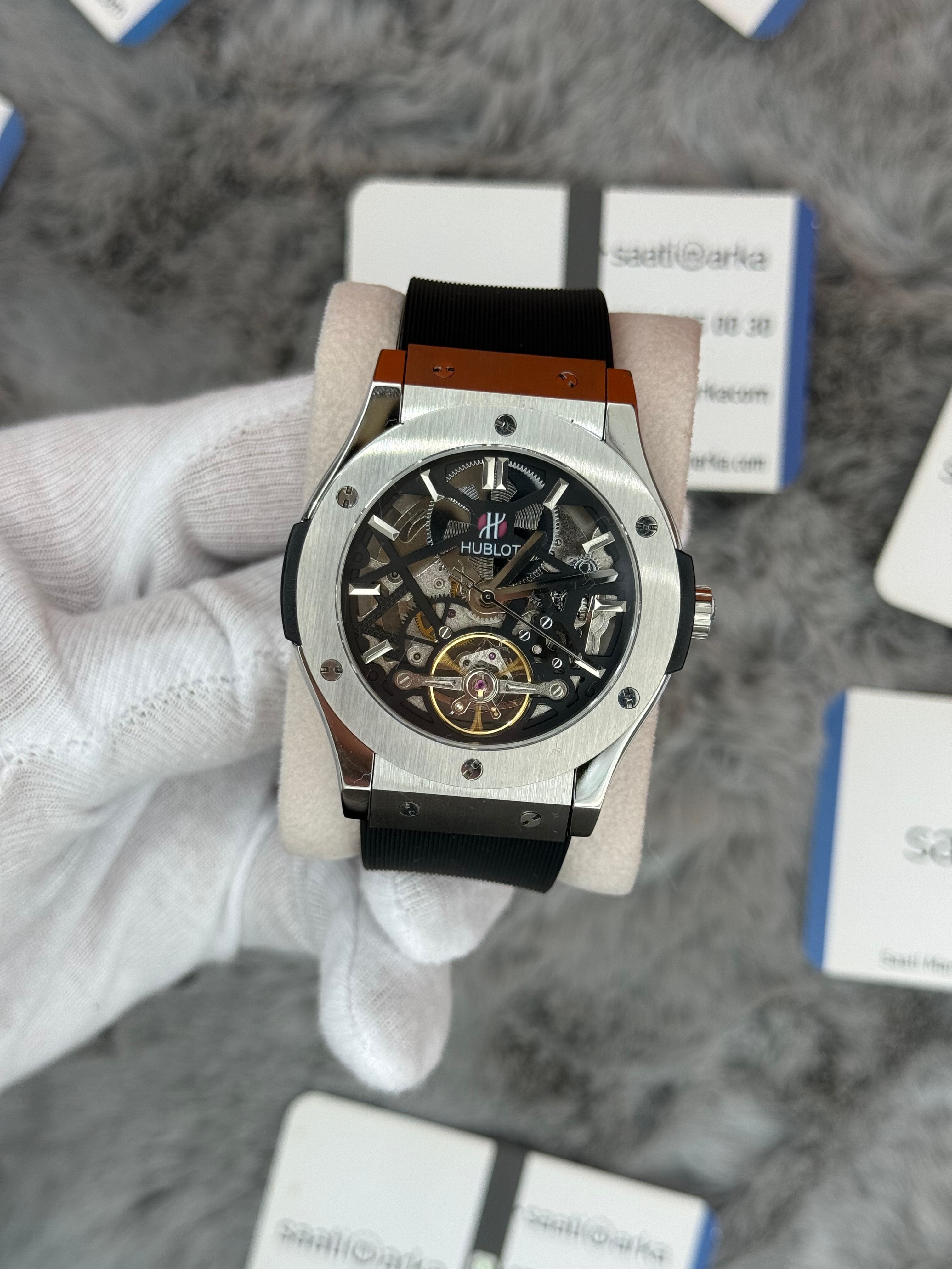 HUBLOT big bang tourbillon 41mm silver kasa siyah kauçuk kordon erkek kol saati