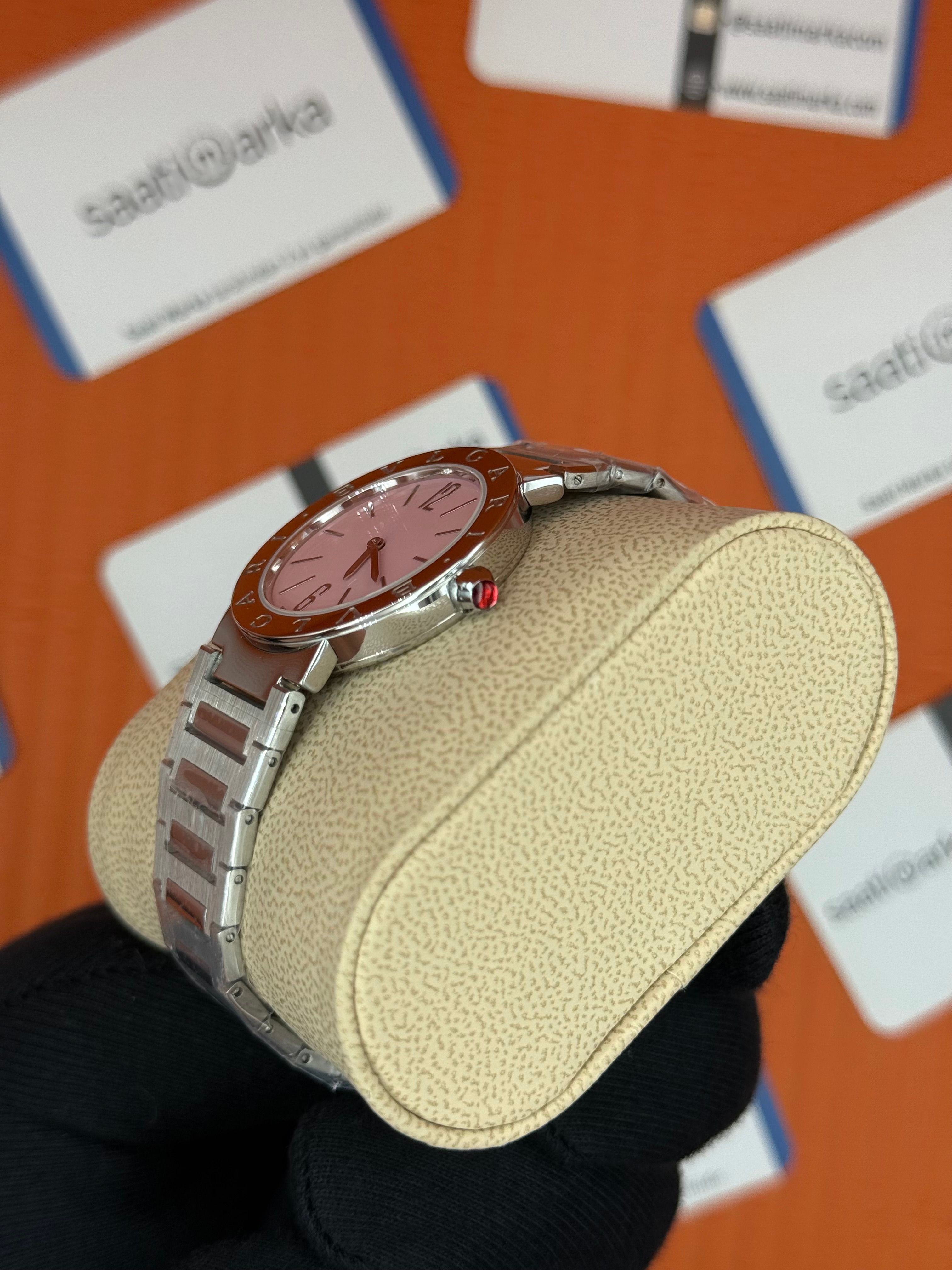 BVLGARI  toz pembe kadran silver kasa kordon kadın kol saati