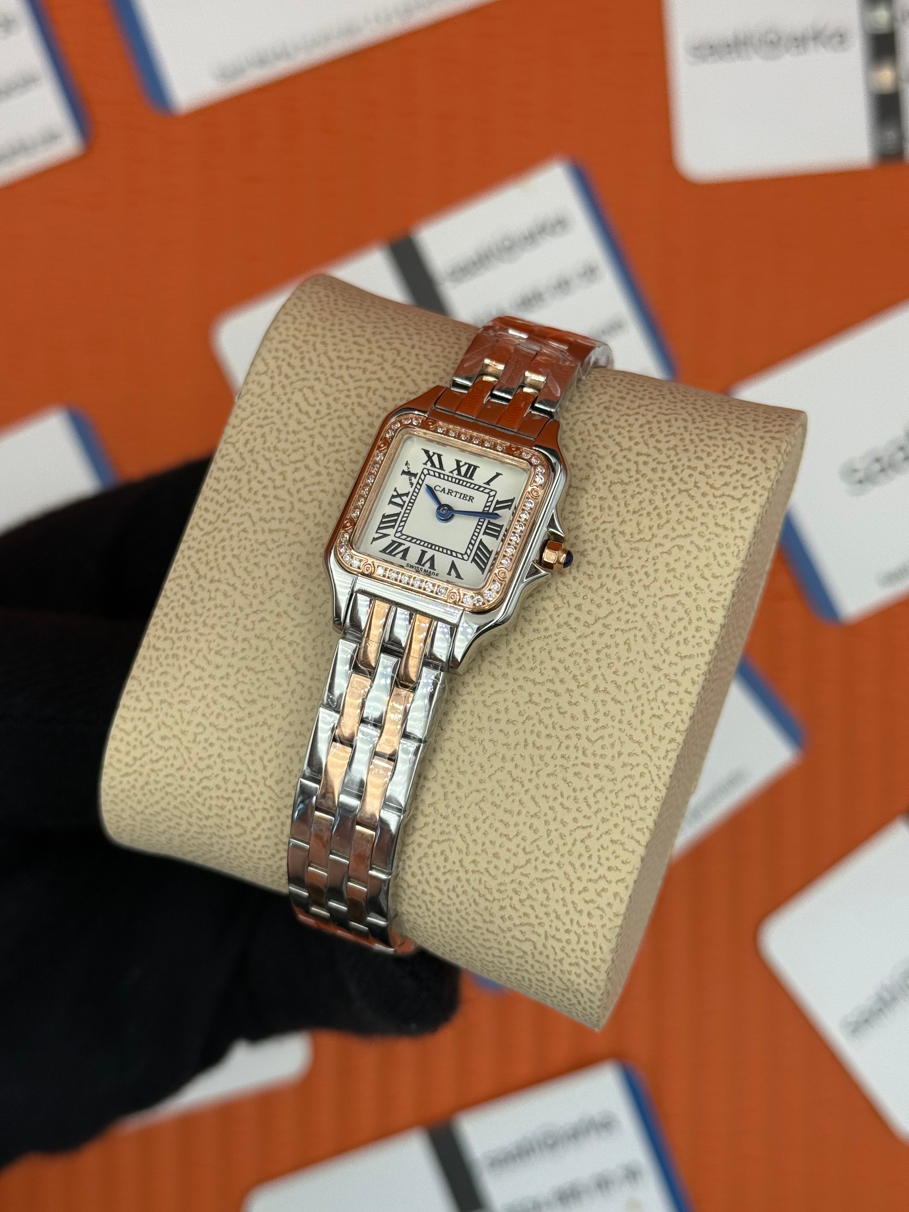 CARTİER Panthere 22mm taşlı bezel rose silver kordon lacivert akrep yelkovan 