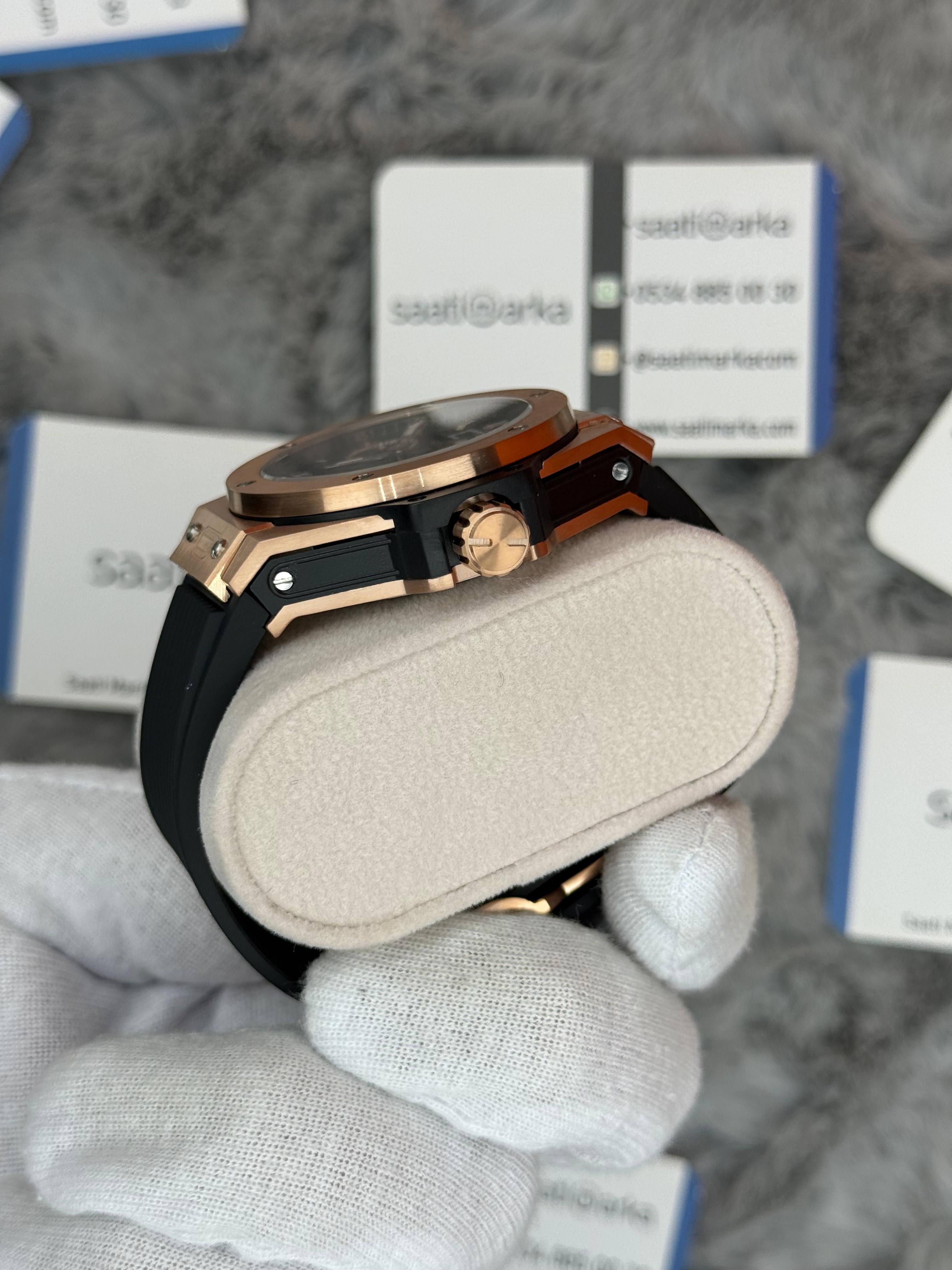 HUBLOT big bang tourbillon 42mm rose kasa siyah kauçuk kordon erkek kol saati