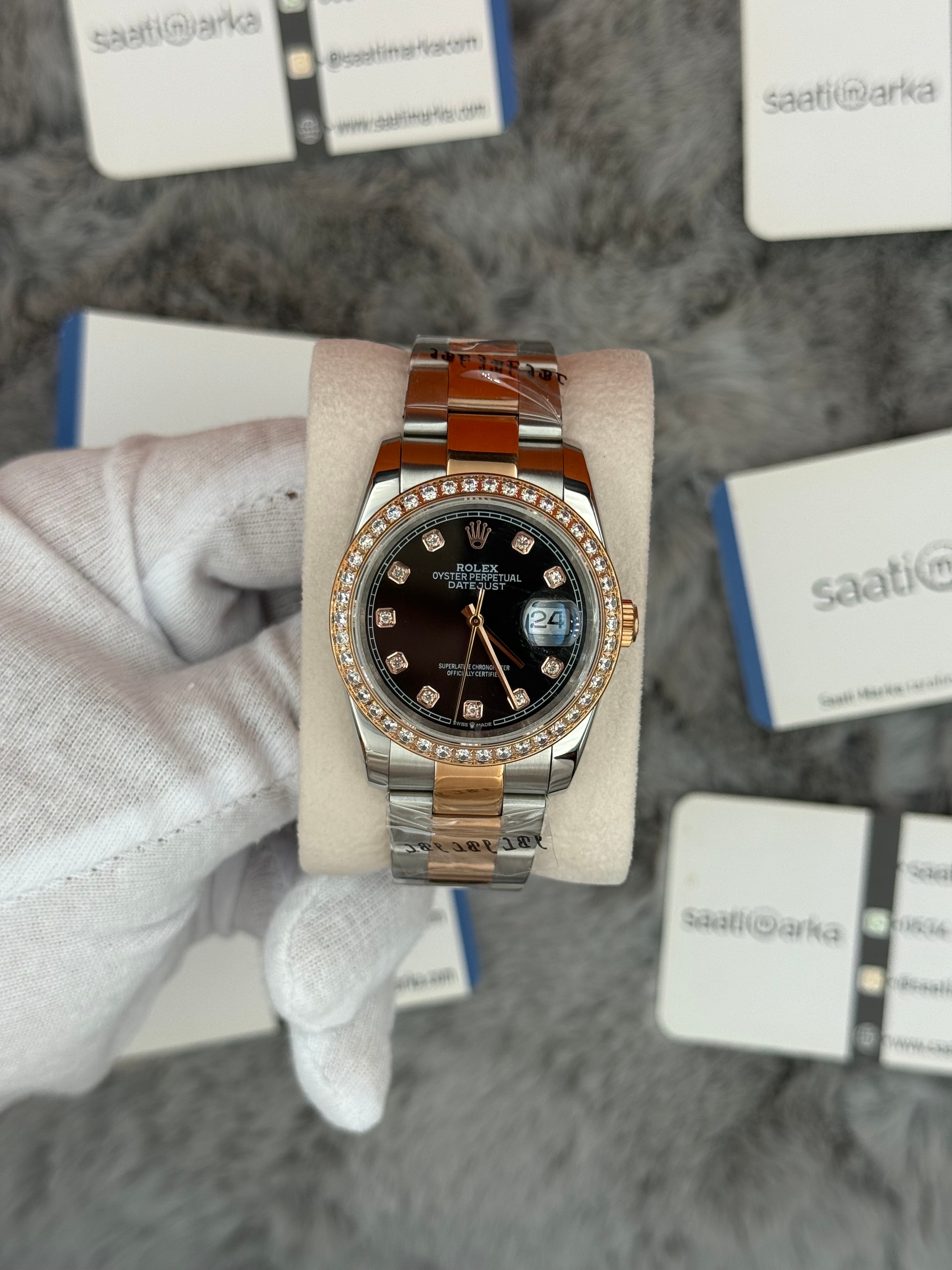 ROLEX Datejust 36mm siyah baget taşlı kadran taşlı bezel silver kasa rose silver oyster kordon 