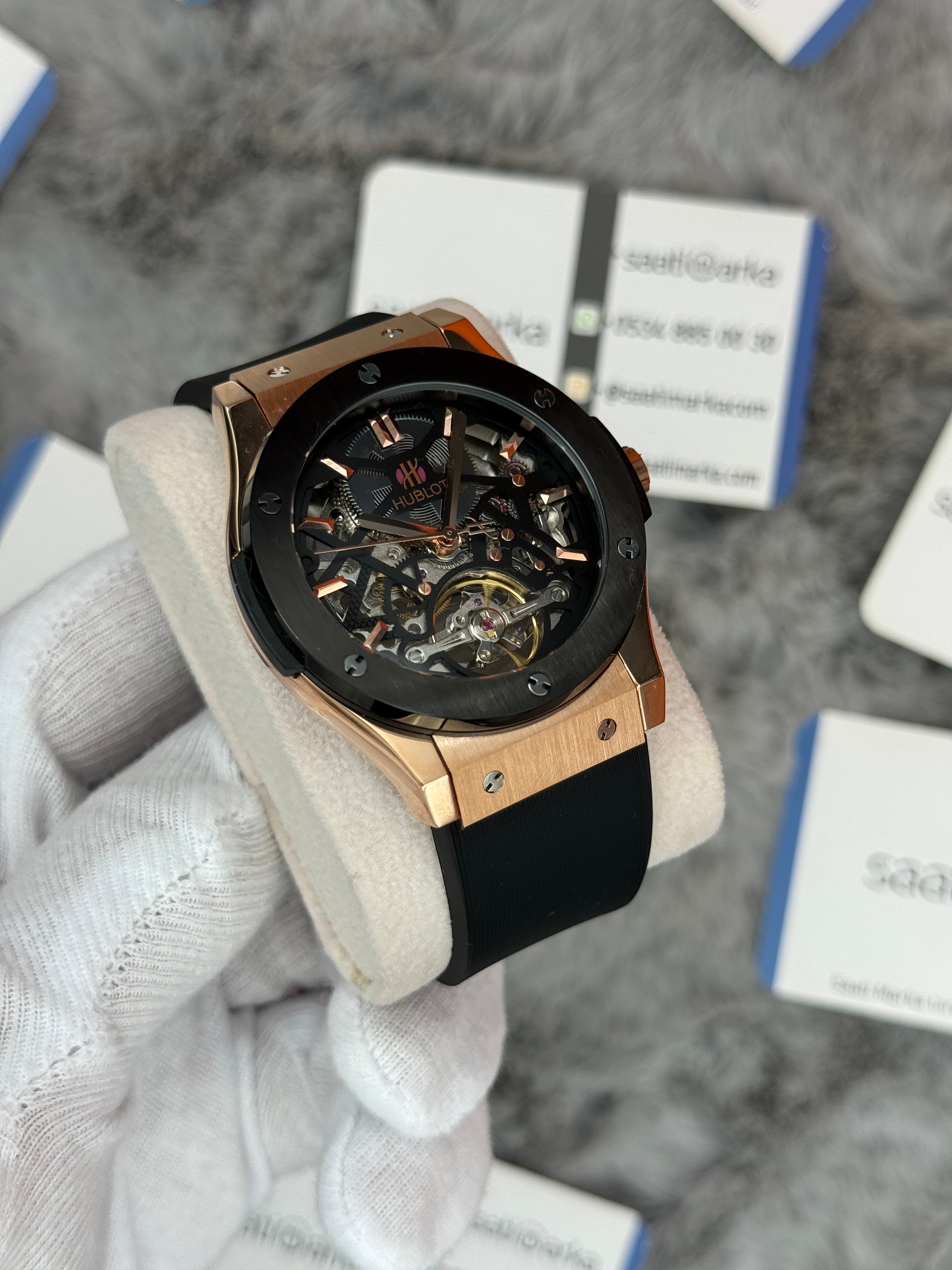HUBLOT big bang tourbillon 41mm rose kasa kauçuk siyah kordon erkek kol saati