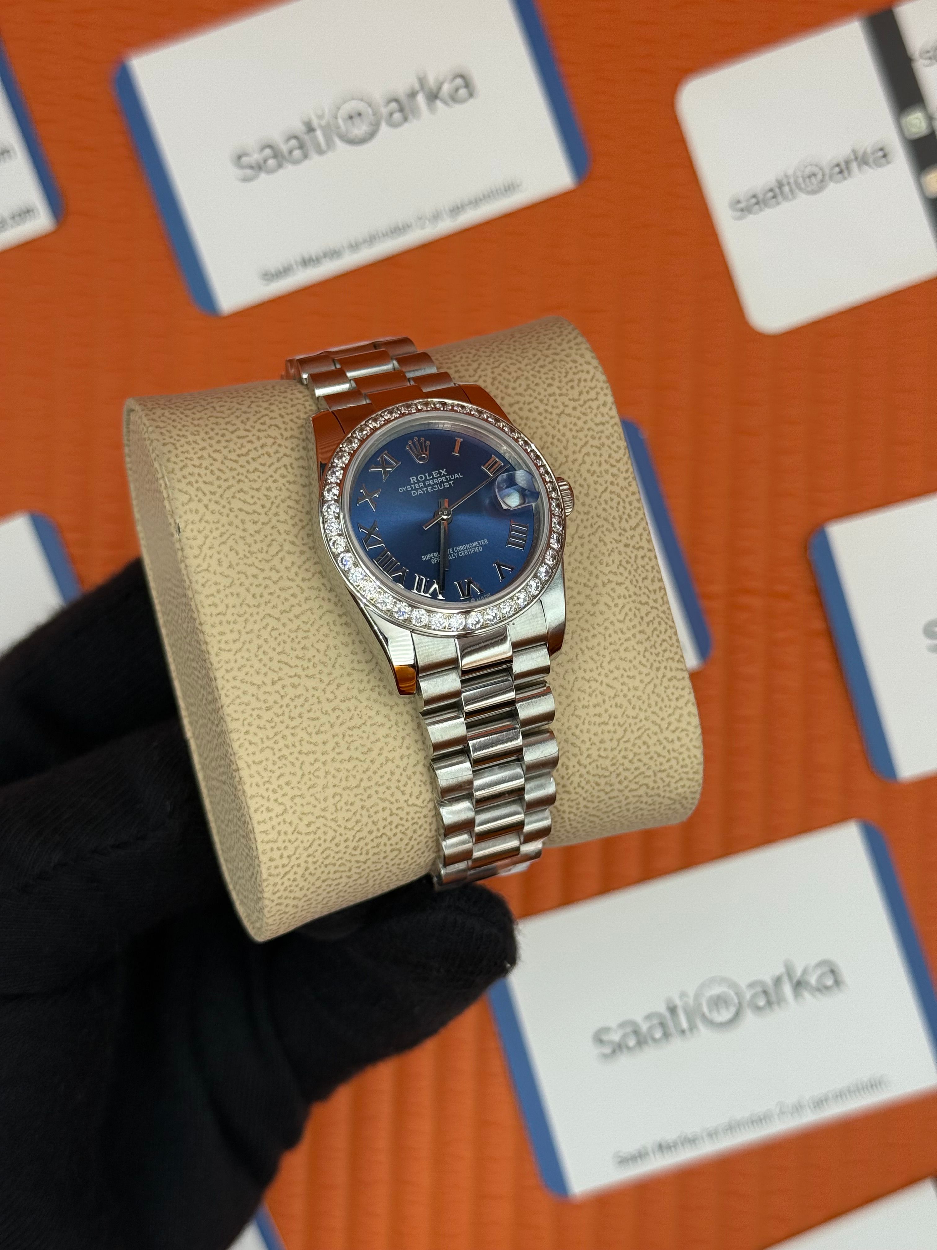 ROLEX datejust 31mm mavi roma rakamlı kadran president kordon taşlı bezel 
