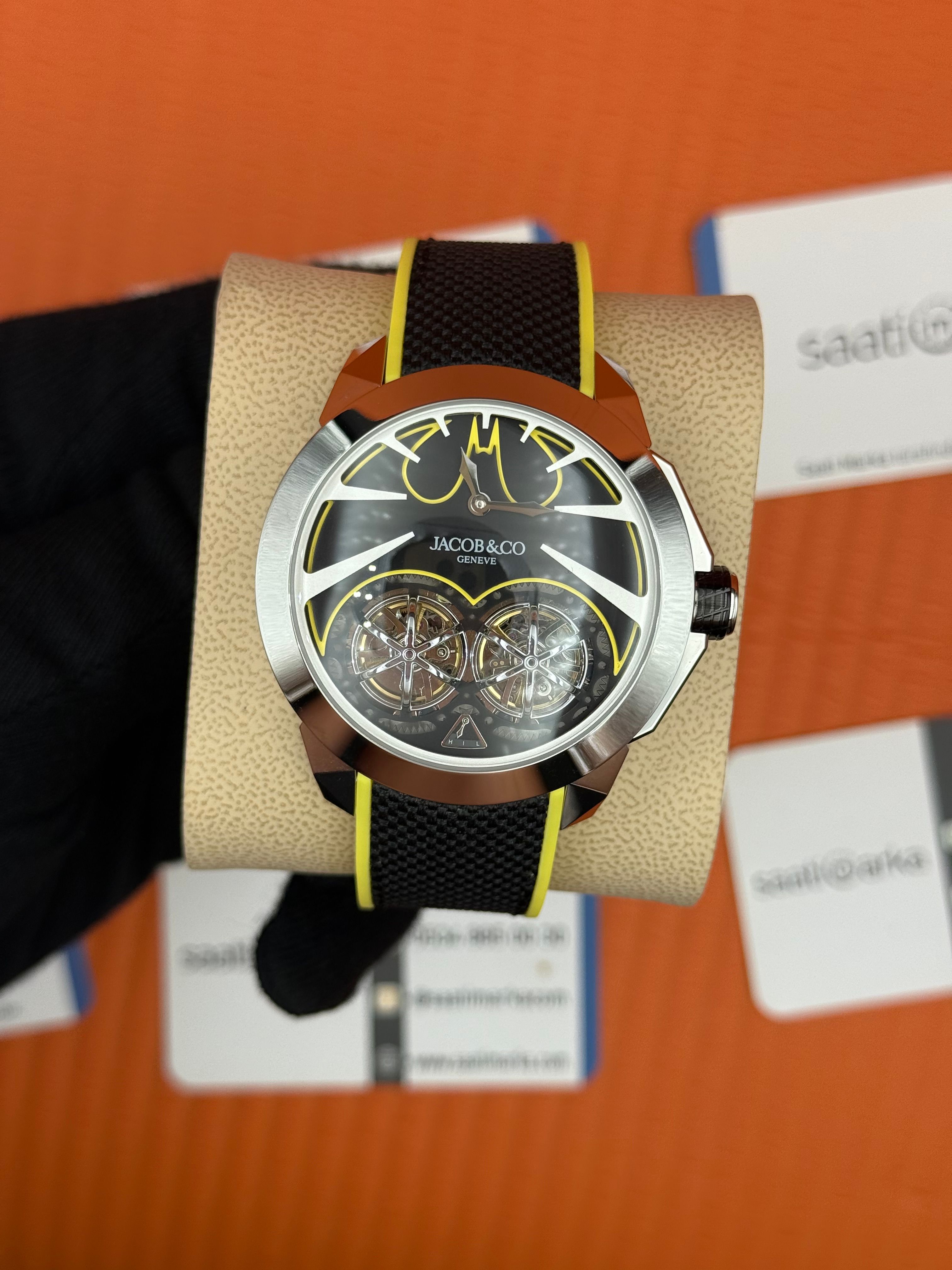 JACOB&CO siyah turbillon kadran sarı siyah kauçuk kordon silver kasa 