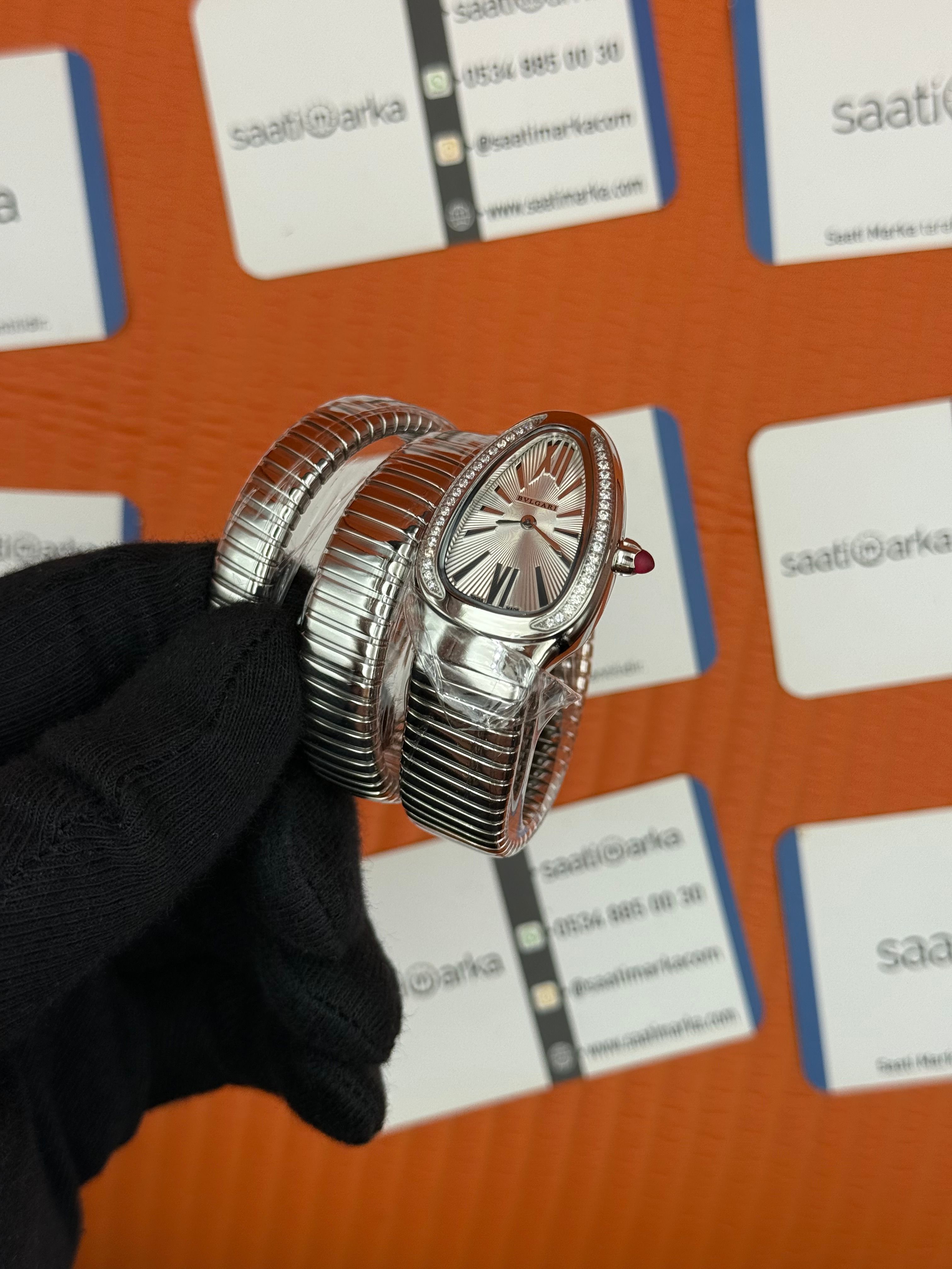 BVLGARİ serpenti çift sarma silver kordon taşlı bezel beyaz kadran kadın kol saati