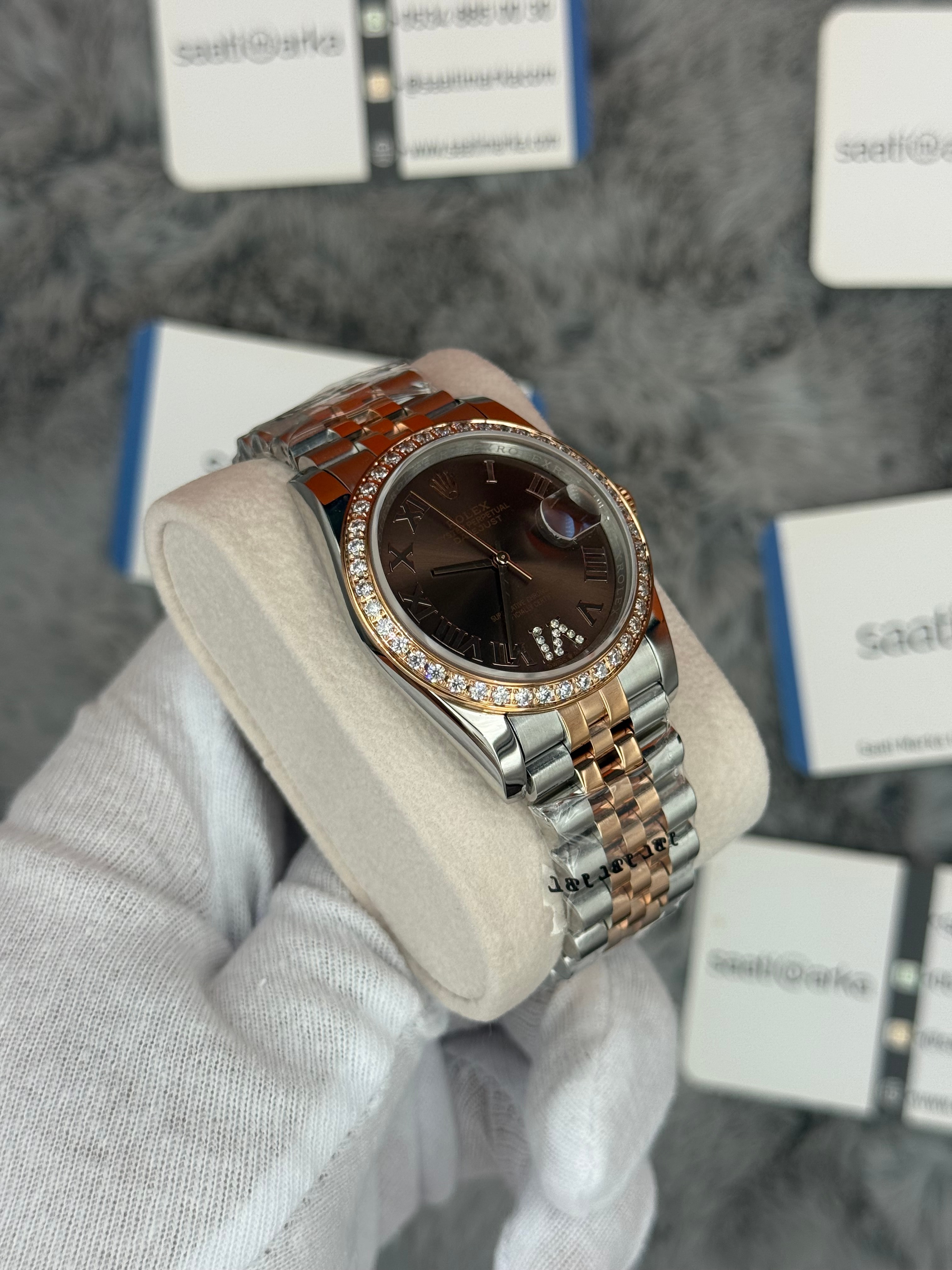 ROLEX Datejust 36mm kahverengi kadran taşlı bezel silver kasa rose silver jubilee kordon