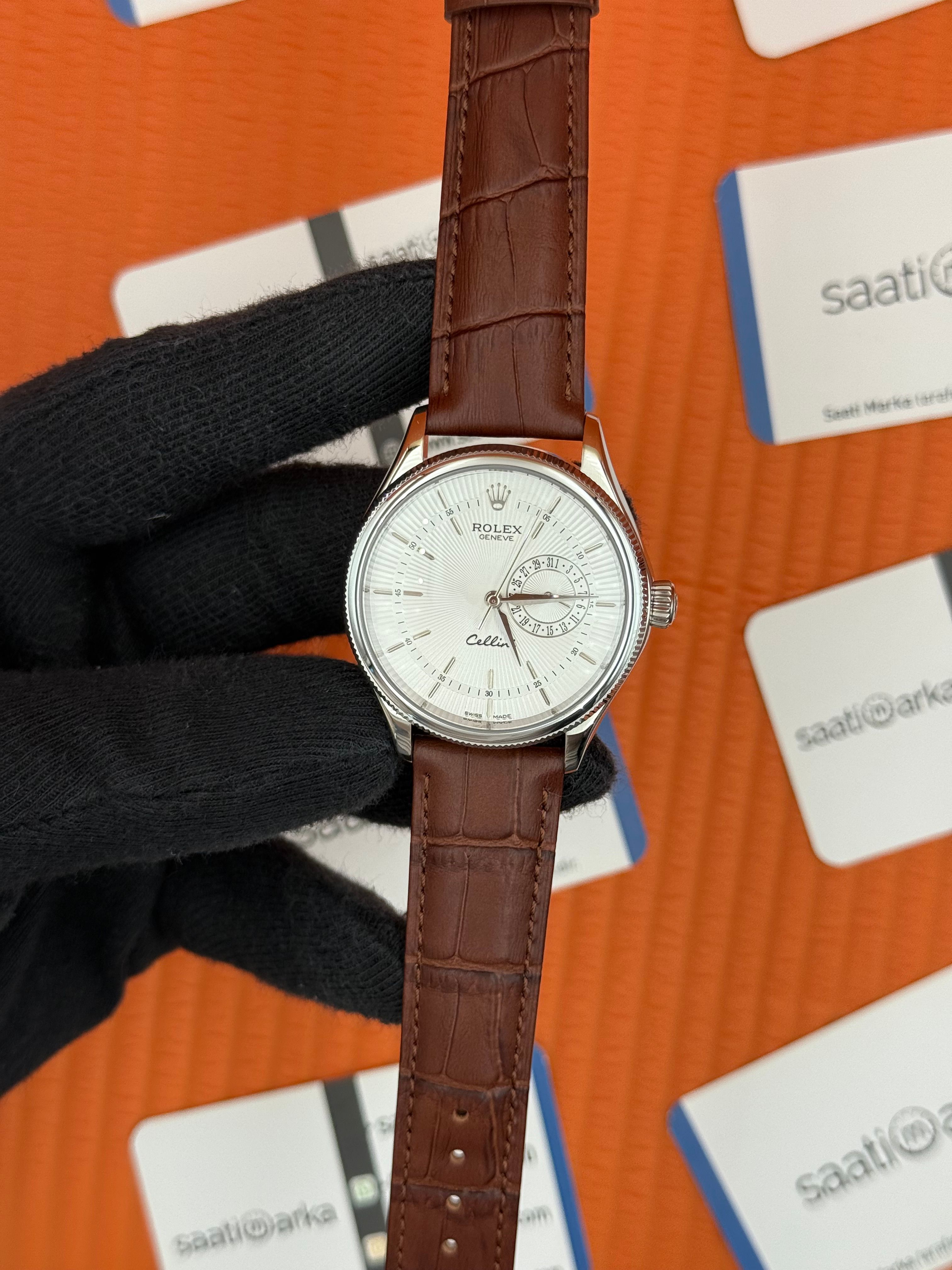 ROLEX Cellini silver kasa beyaz kadran kahverengi deri kordon
